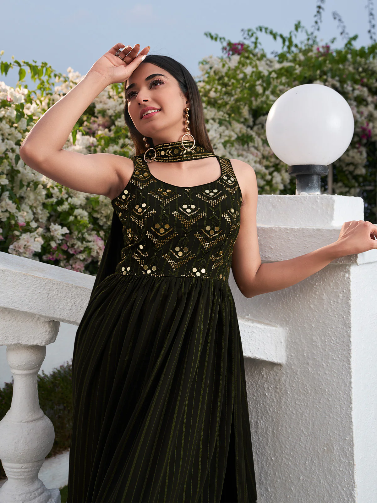 Odette Women Stylish Embroidered Olive Georgette Semi Stitched Gown - Image 4