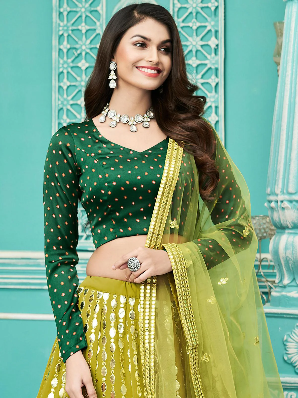 Odette Women Stylish Florescent Green Georgette Semi Stitched Lehenga With  Unstitched Blouse - Image 2