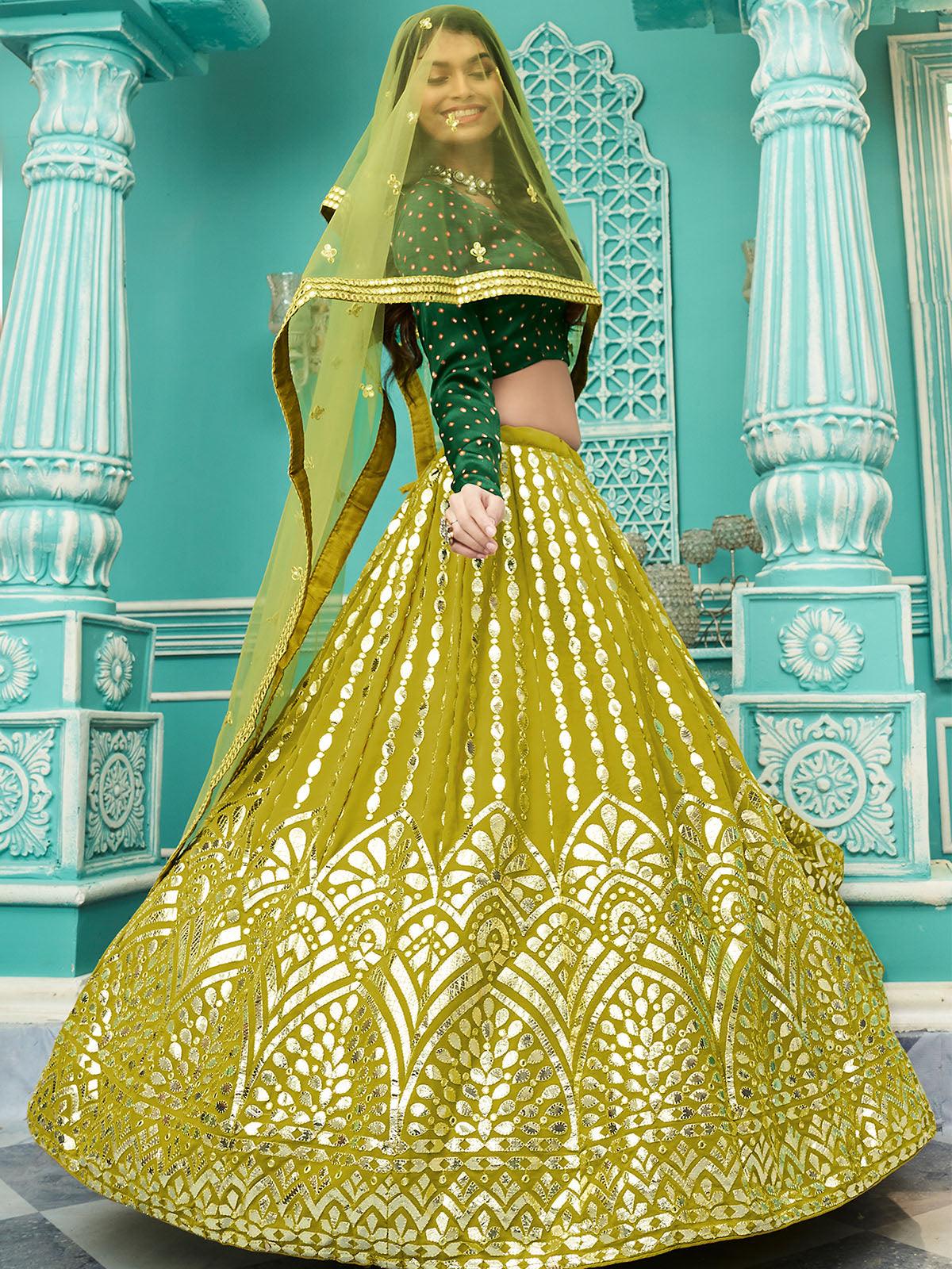 Odette Women Stylish Florescent Green Georgette Semi Stitched Lehenga With  Unstitched Blouse - Image 4