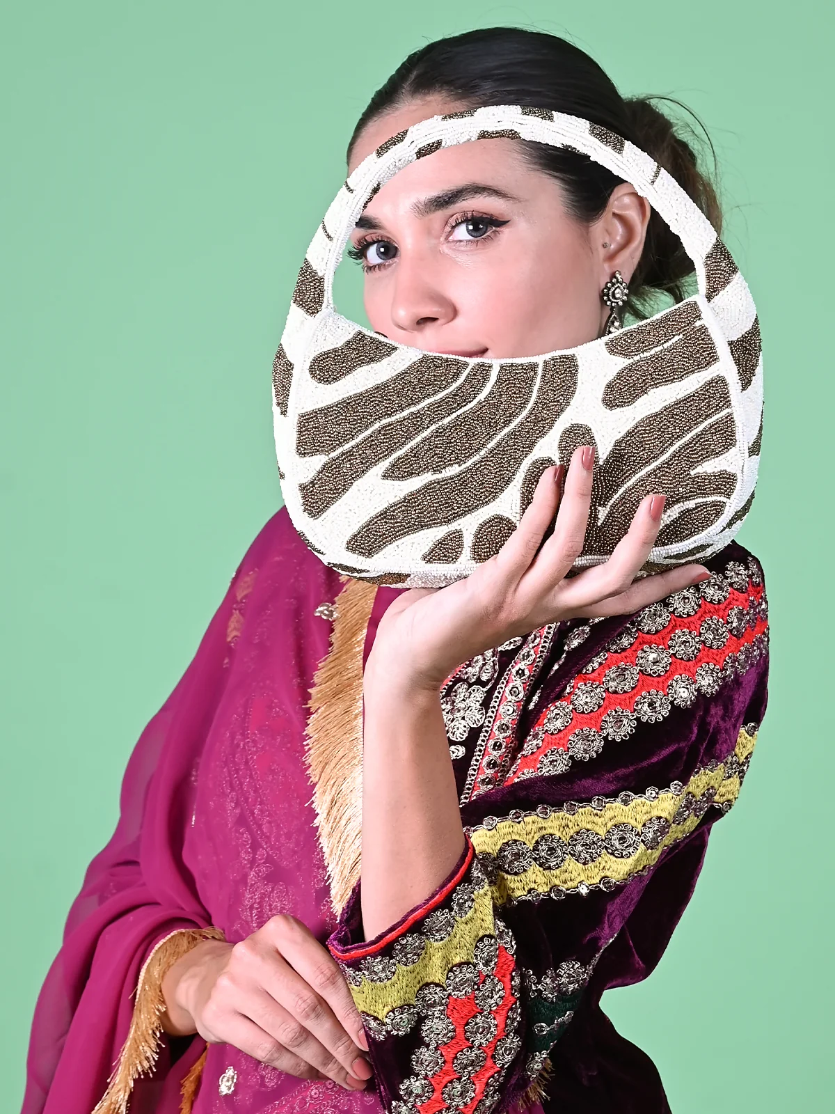 Odette Golden And White Fabric Moon Clutch For Women - Image 2