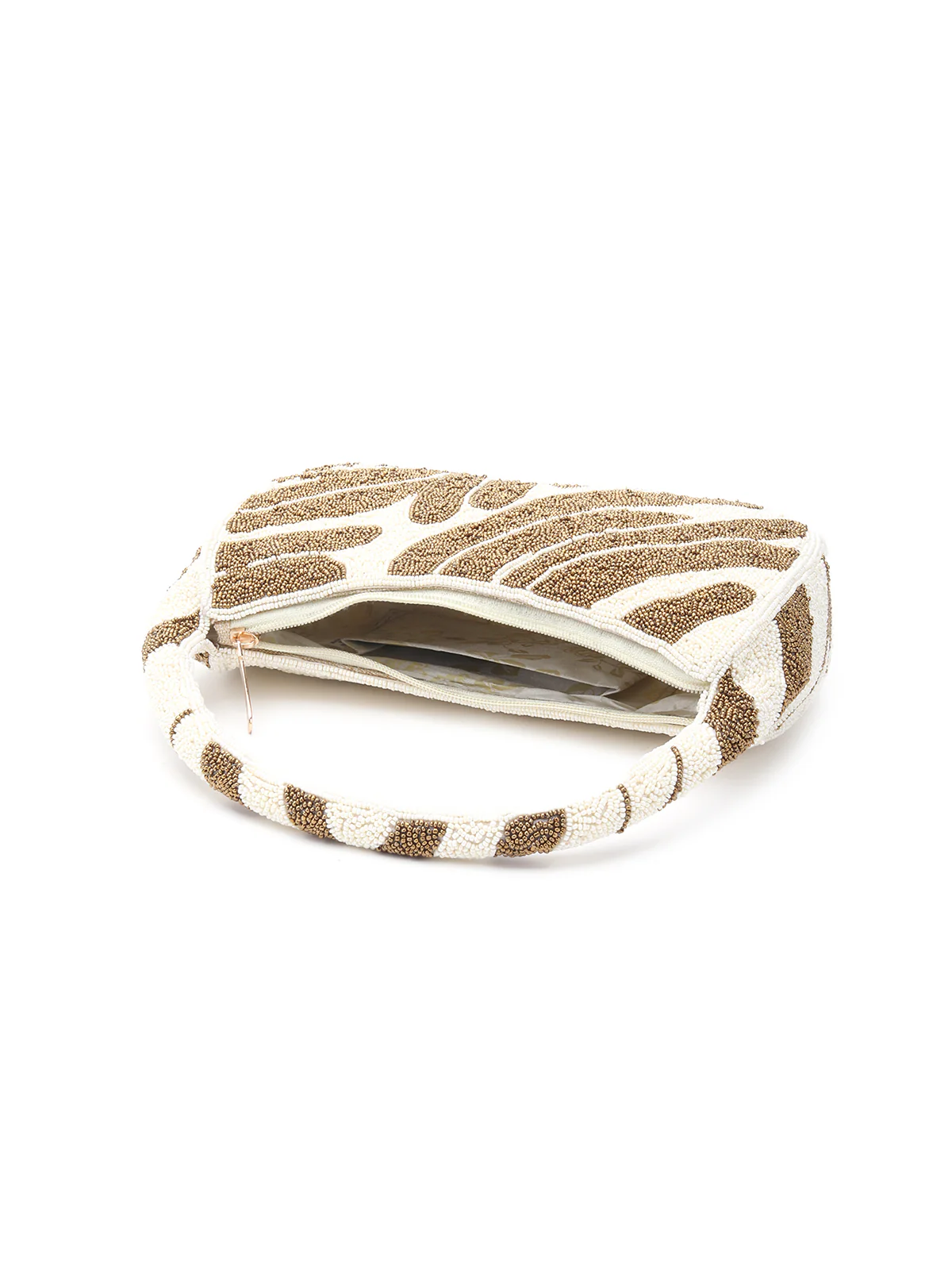Odette Golden And White Fabric Moon Clutch For Women - Image 6