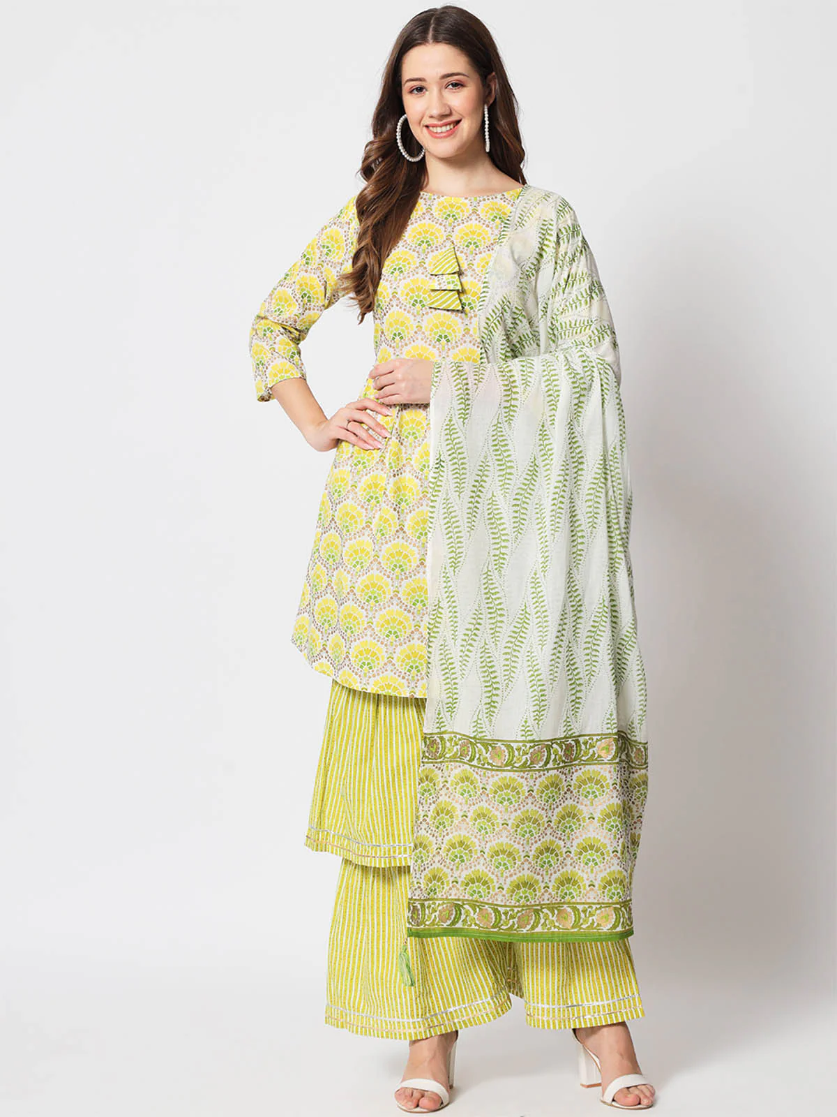 Odette Women Stylish Lime Green Cotton Printed Stitched Kurta Set - Image 2