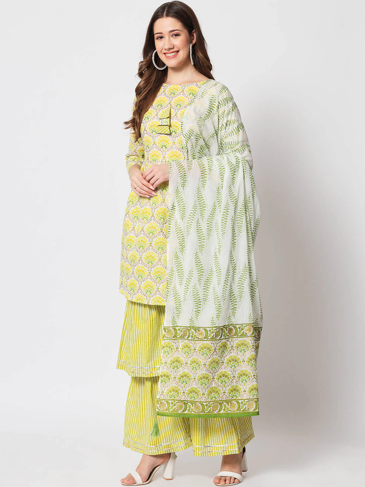 Odette Women Stylish Lime Green Cotton Printed Stitched Kurta Set - Image 3