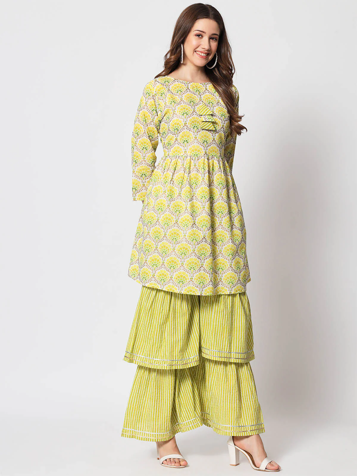 Odette Women Stylish Lime Green Cotton Printed Stitched Kurta Set - Image 4