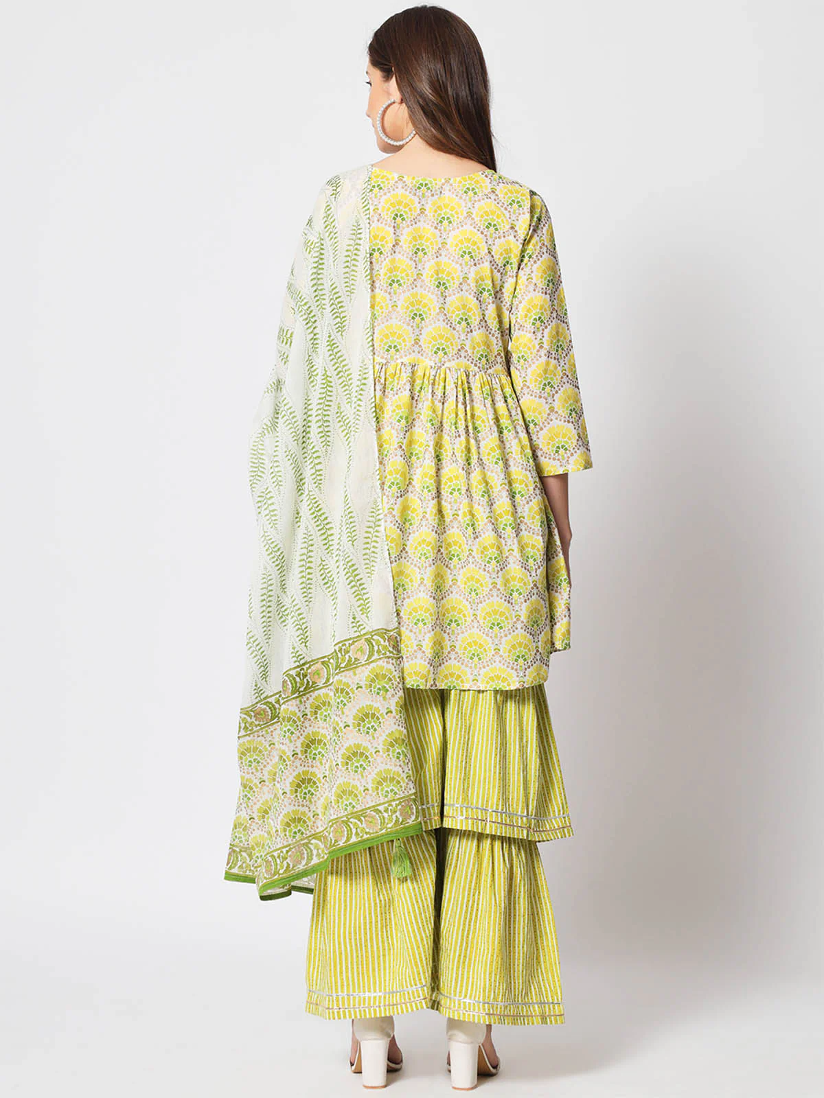 Odette Women Stylish Lime Green Cotton Printed Stitched Kurta Set - Image 5