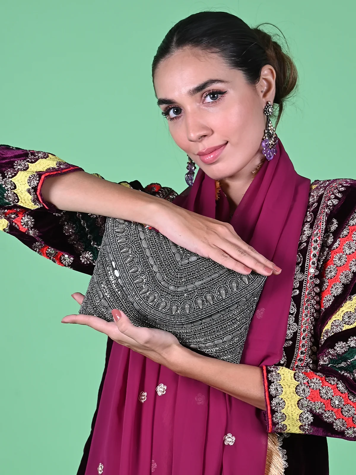 Odette Grey Fabric Beaded Envelope Clutch For Women - Image 2