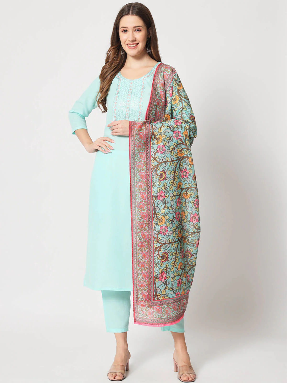 Odette Women Stylish Light Blue Cotton Embroidered Stitched Kurta Set - Image 2