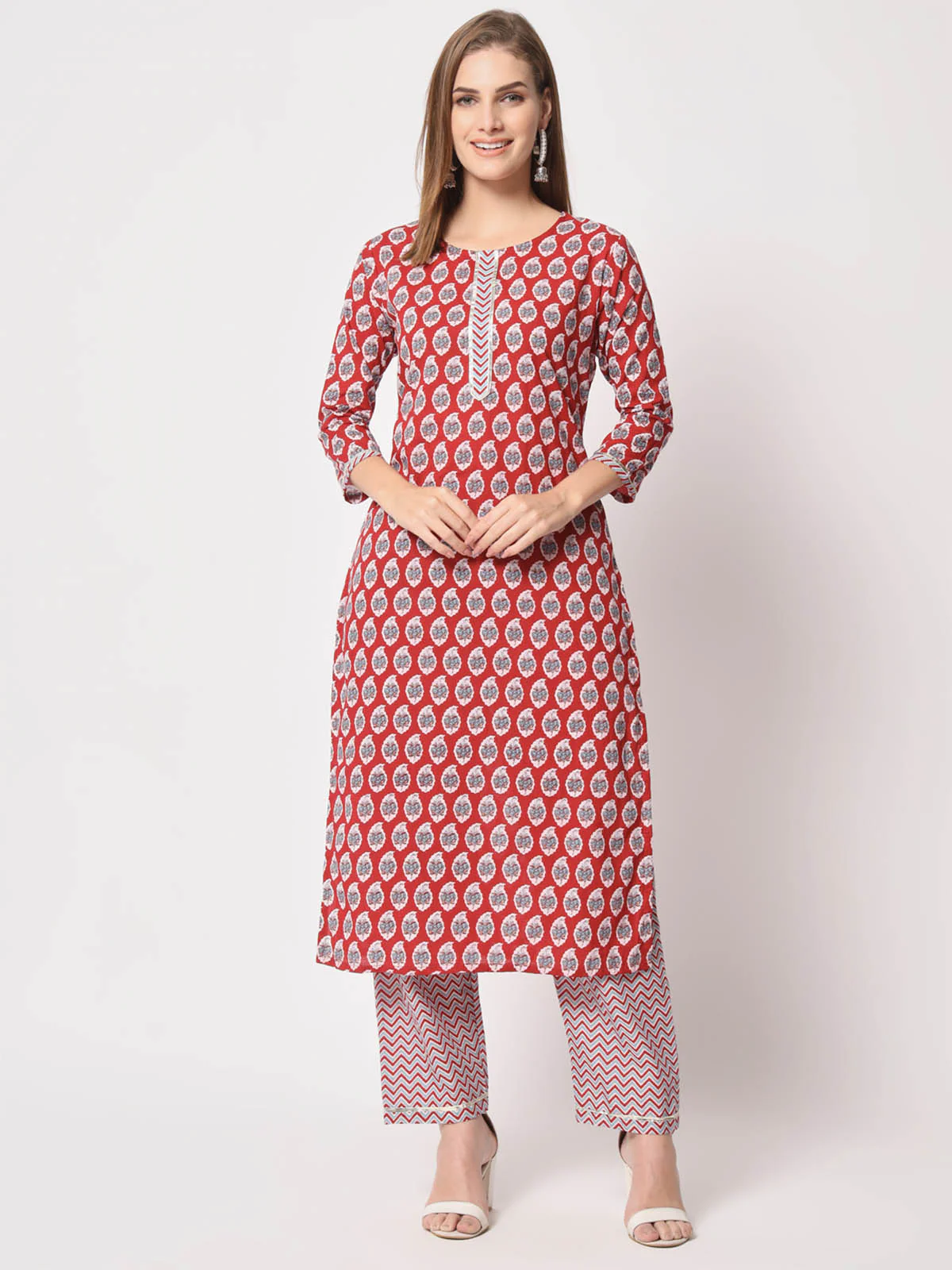Odette Women Stylish Maroon Cotton Printed Stitched Kurta Set - Image 2