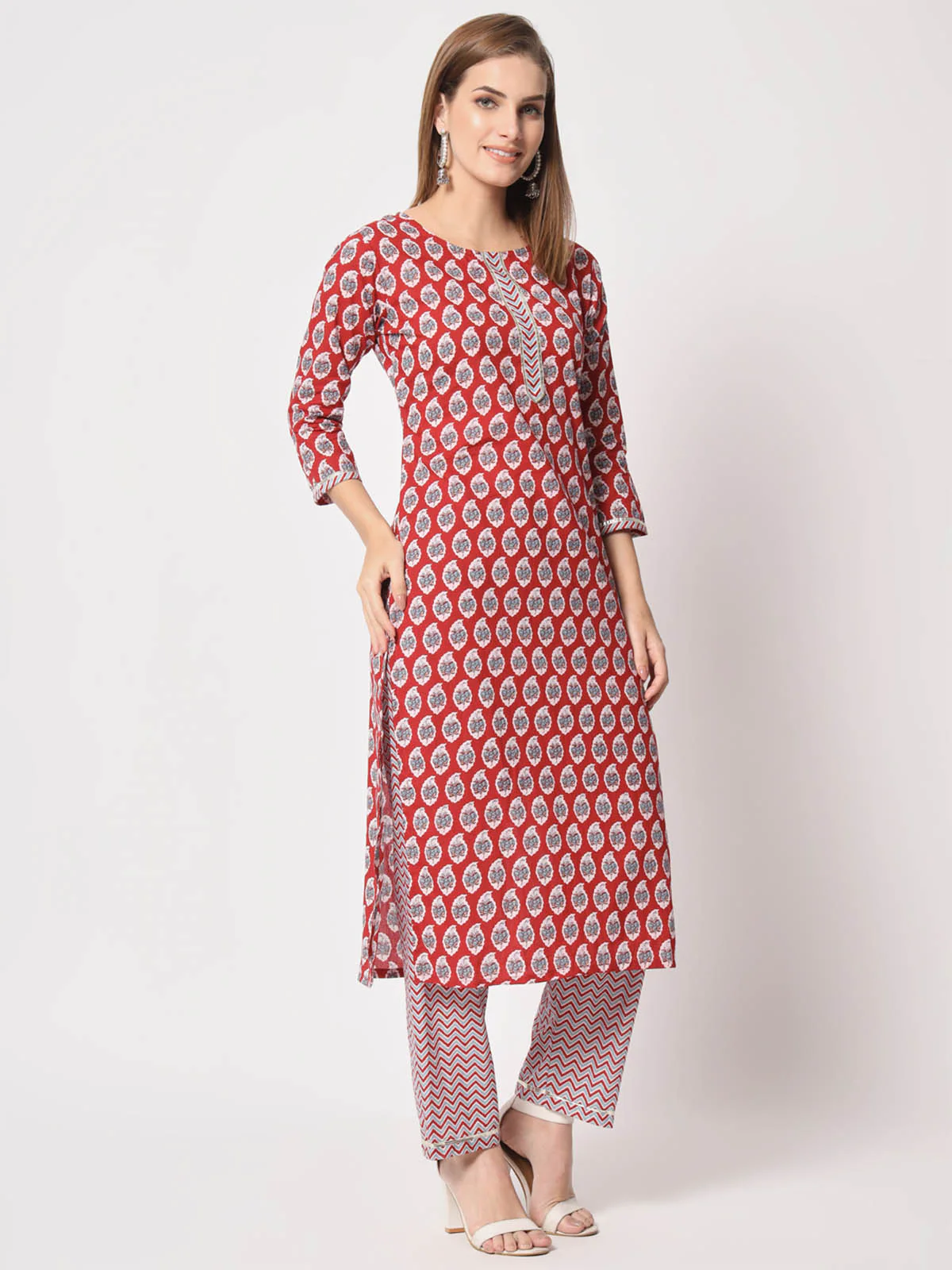 Odette Women Stylish Maroon Cotton Printed Stitched Kurta Set - Image 4