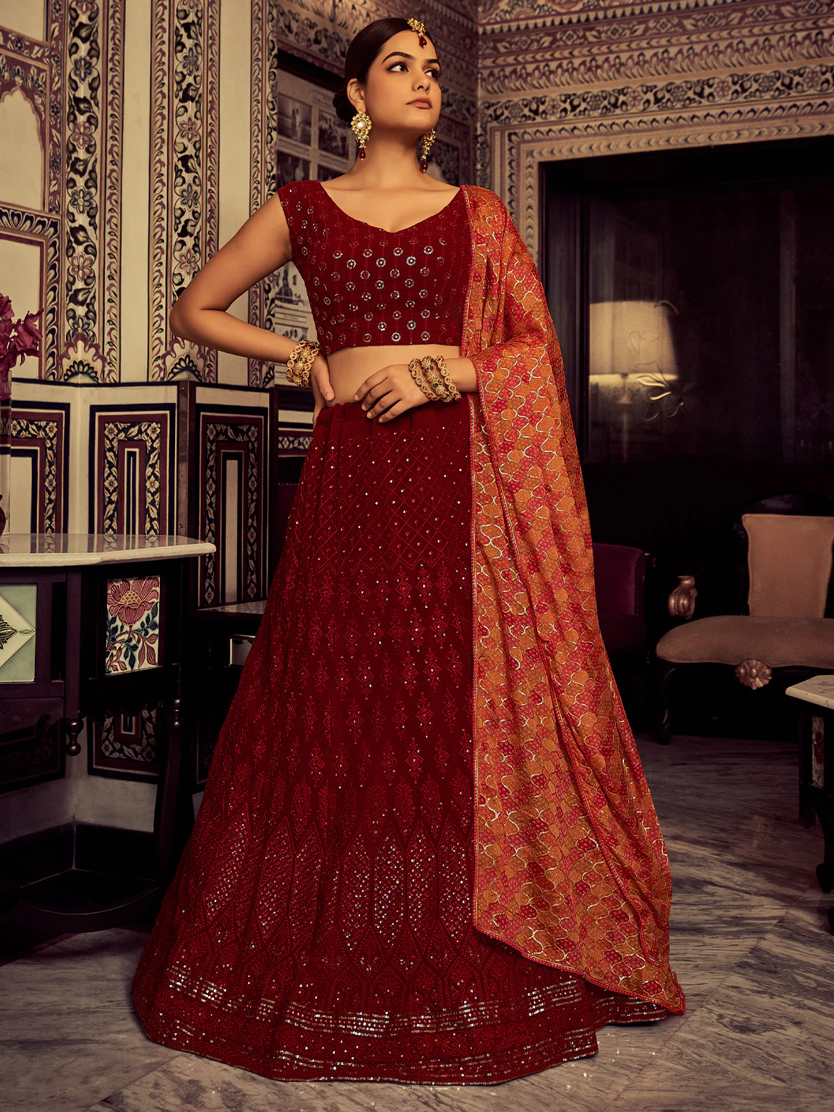 Odette Women Stylish Maroon Embroidered Georgette Semi Stitched Lehenga With Blouse Piece - Image 2