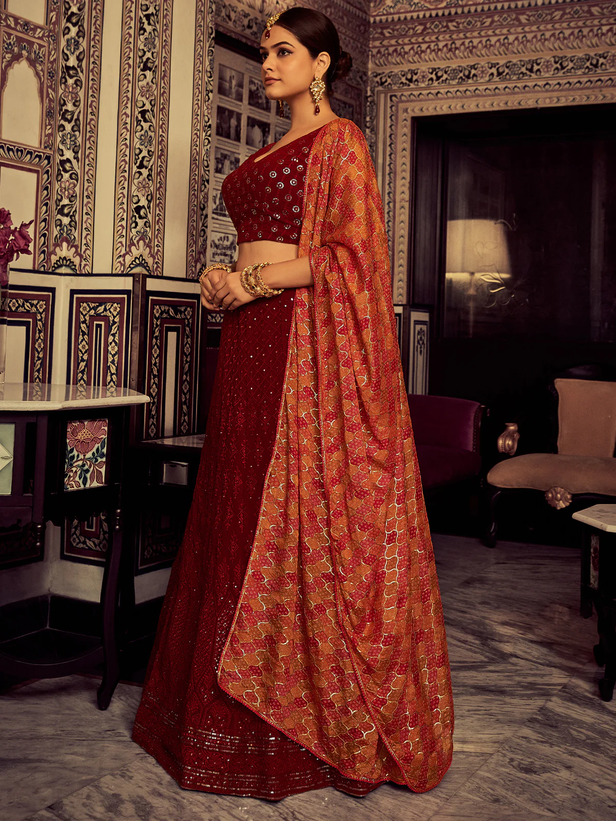 Odette Women Stylish Maroon Embroidered Georgette Semi Stitched Lehenga With Blouse Piece - Image 3