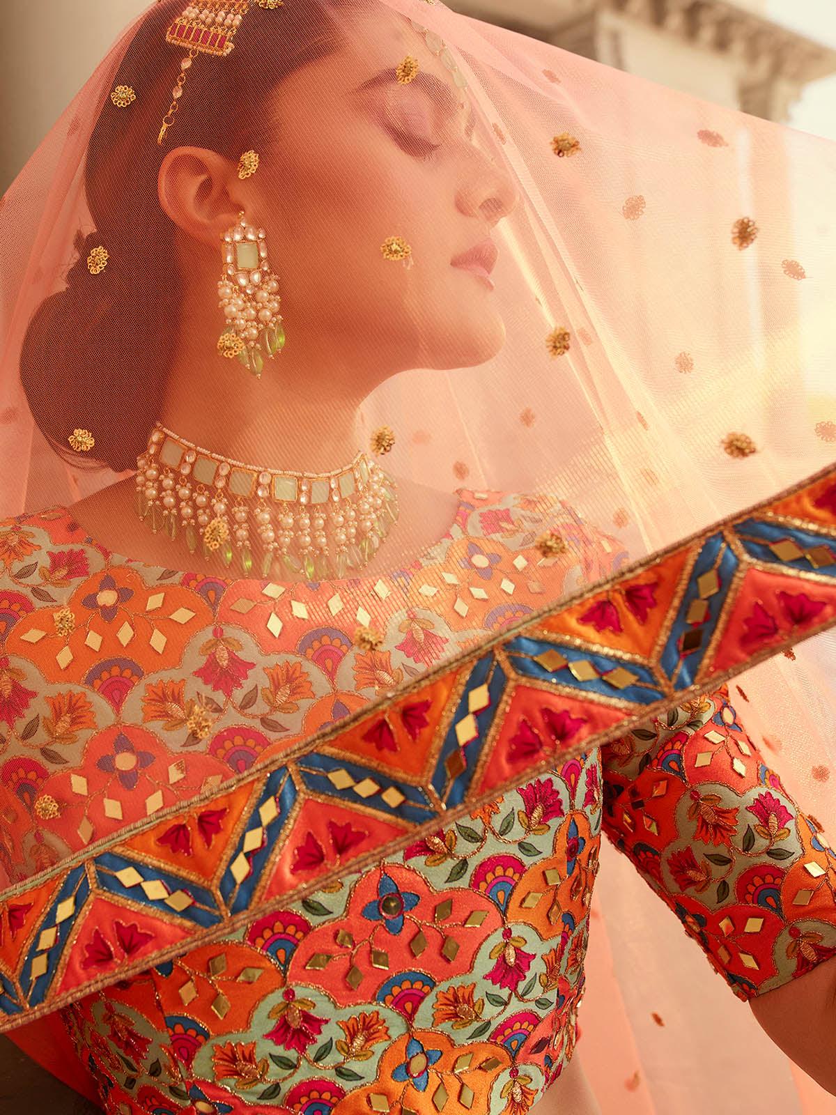 Odette Women Stylish Multi Colored Art Silk Semi Stitched Lehenga With  Unstitched Blouse - Image 4