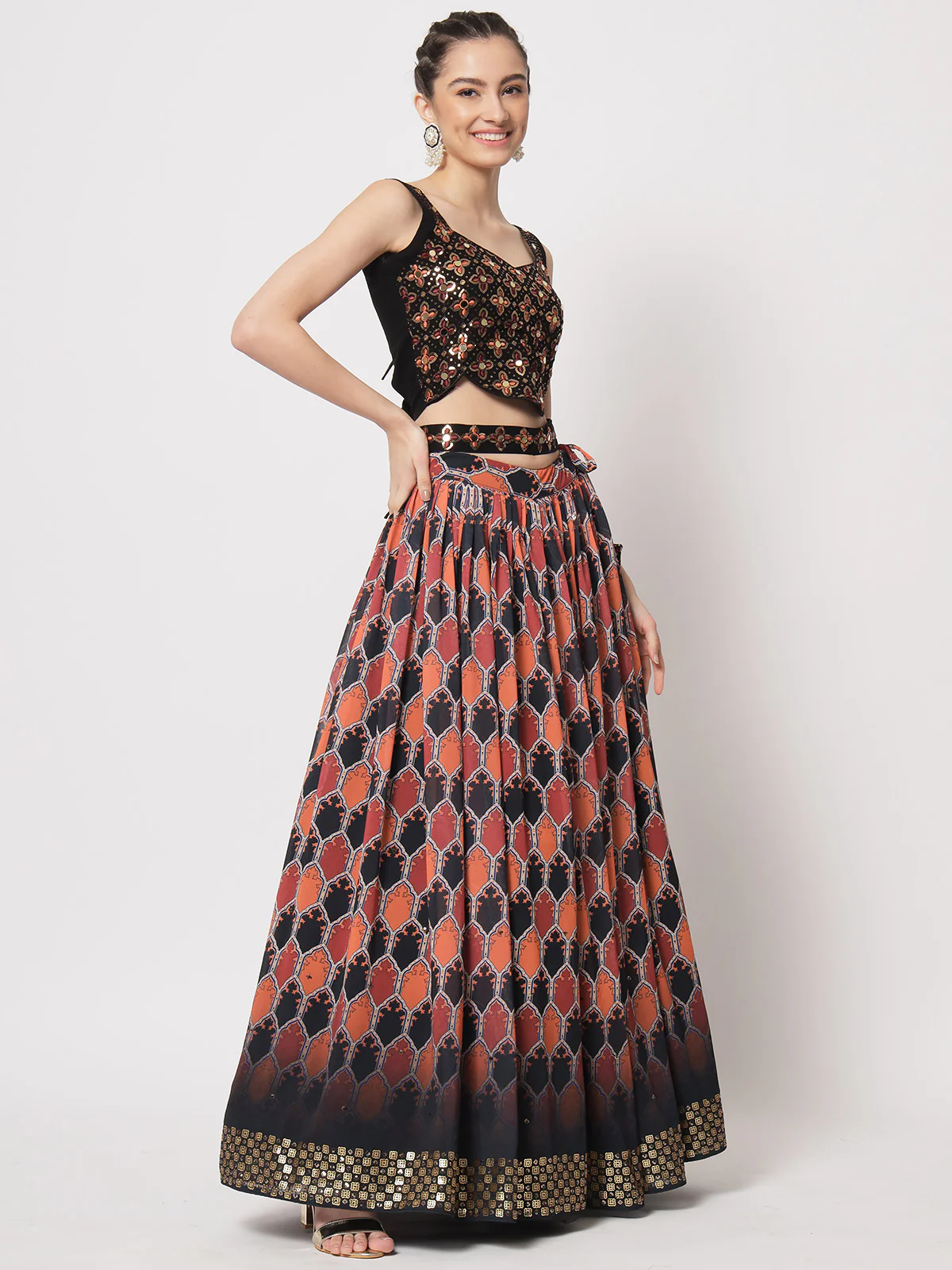 Odette Women Stylish Multicolor Georgette Printed Semi Stitched Lehenga With Unstitched Blouse - Image 3
