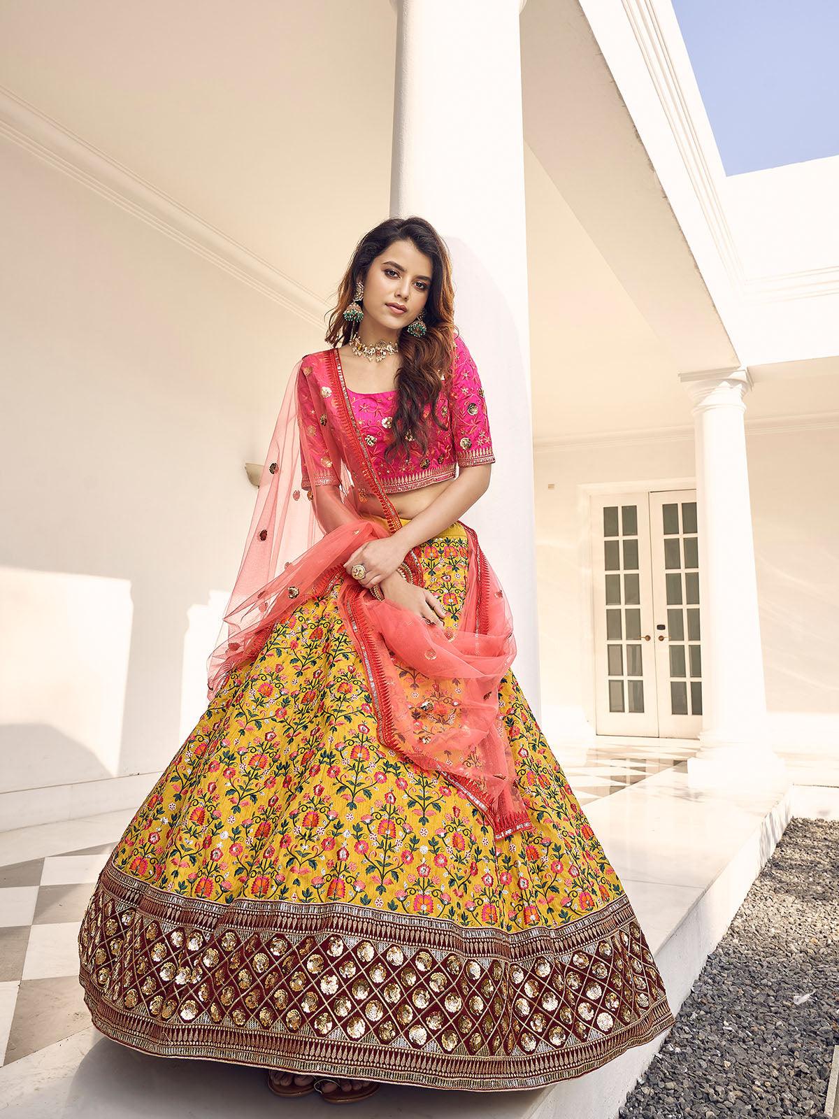Odette Women Stylish Mustard Yellow Art Silk Semi Stitched Lehenga With Unstitched Blouse - Image 2