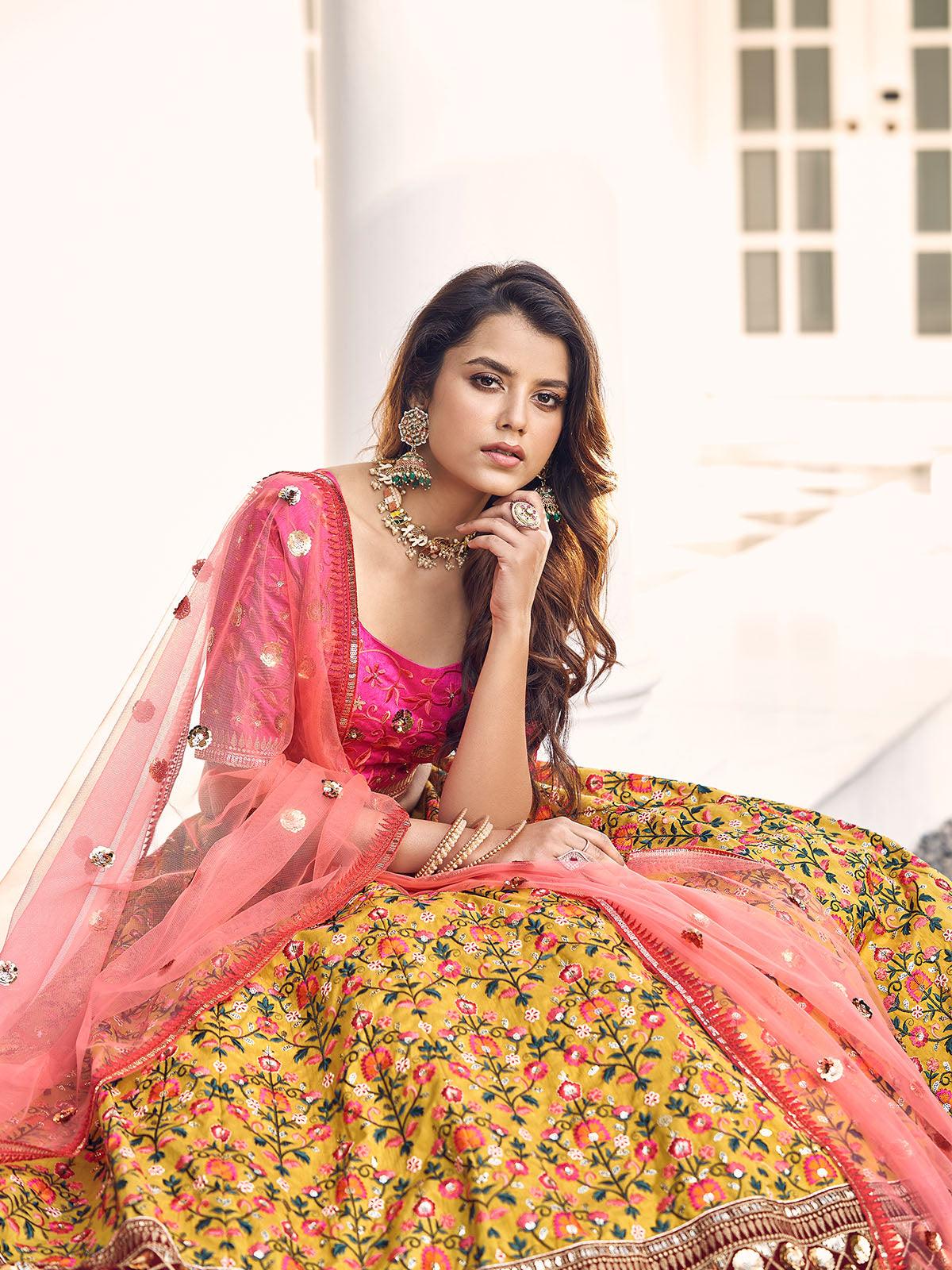 Odette Women Stylish Mustard Yellow Art Silk Semi Stitched Lehenga With Unstitched Blouse - Image 3