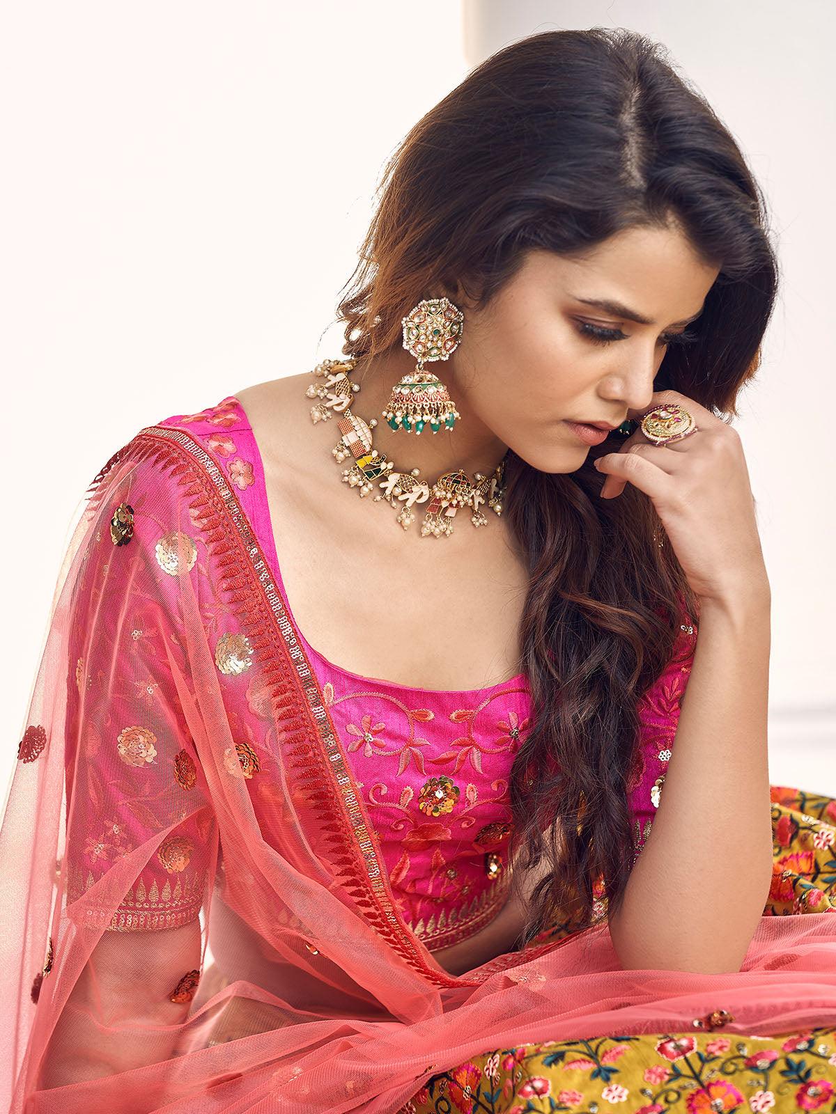 Odette Women Stylish Mustard Yellow Art Silk Semi Stitched Lehenga With Unstitched Blouse - Image 4