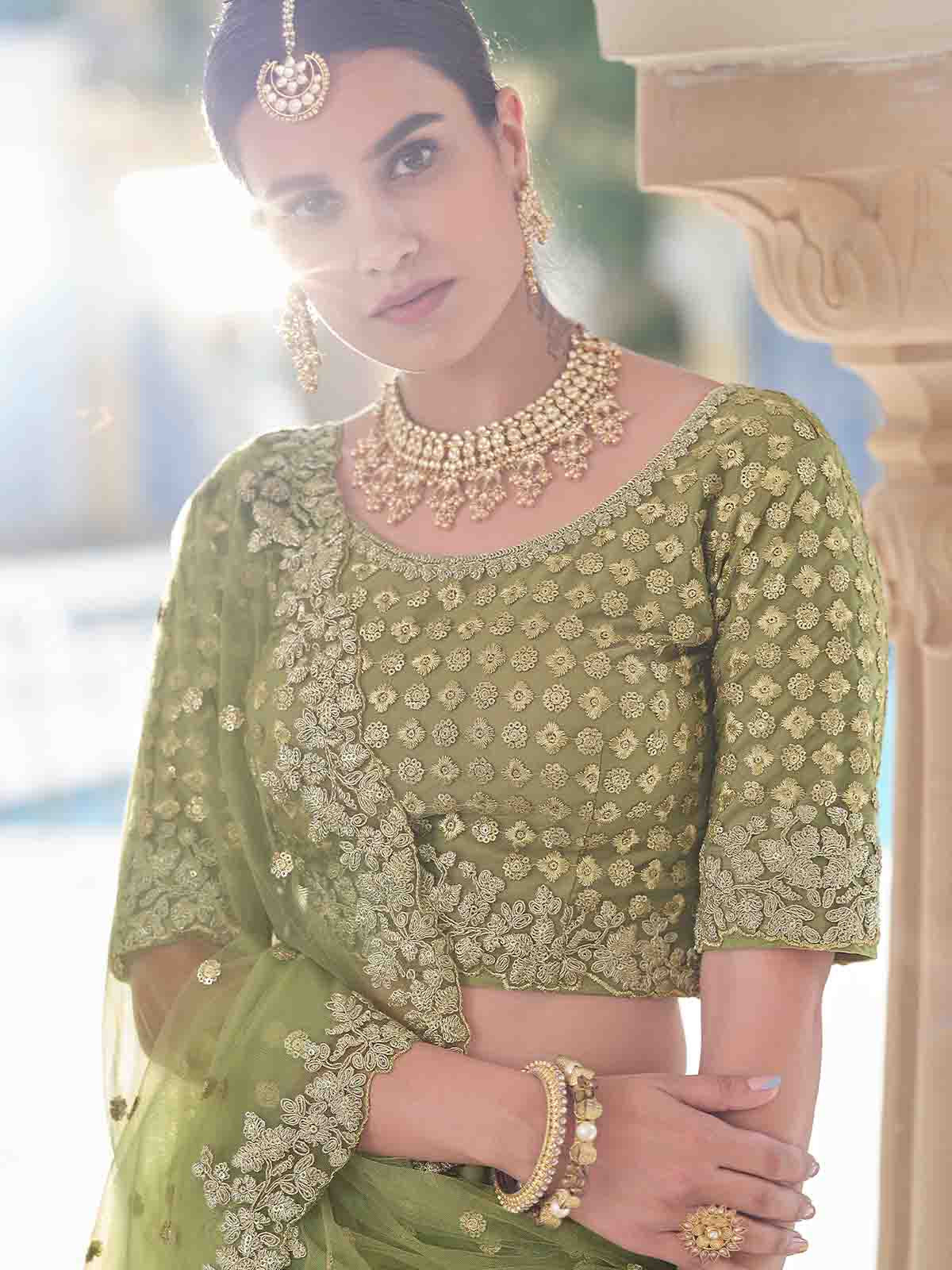 Odette Women Stylish Oilve Soft Net Semi Stitched Lehenga With Unstitched Blouse - Image 4