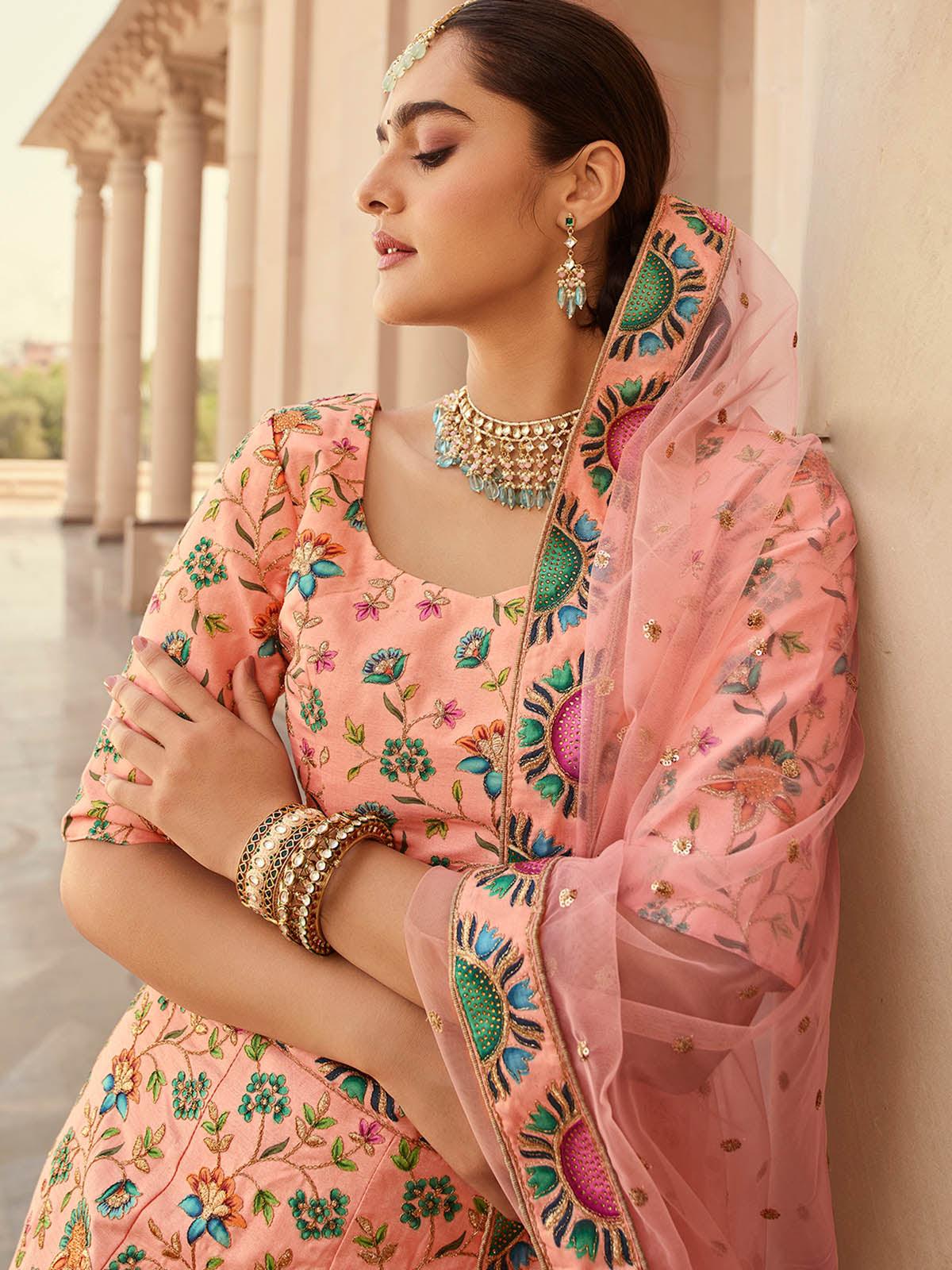 Odette Women Stylish Peach Art Silk Semi Stitched Lehenga With  Unstitched Blouse - Image 2