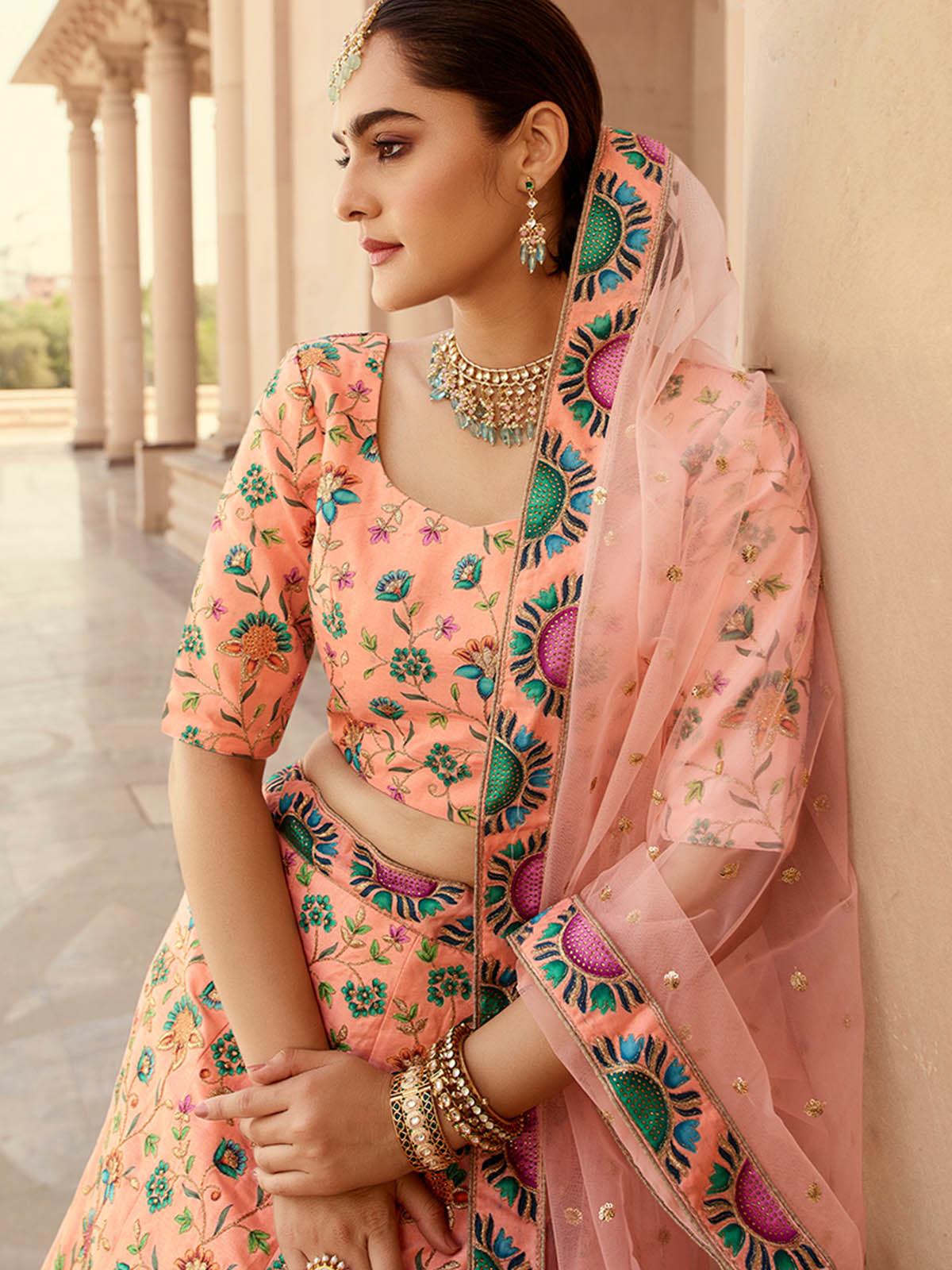 Odette Women Stylish Peach Art Silk Semi Stitched Lehenga With  Unstitched Blouse - Image 4