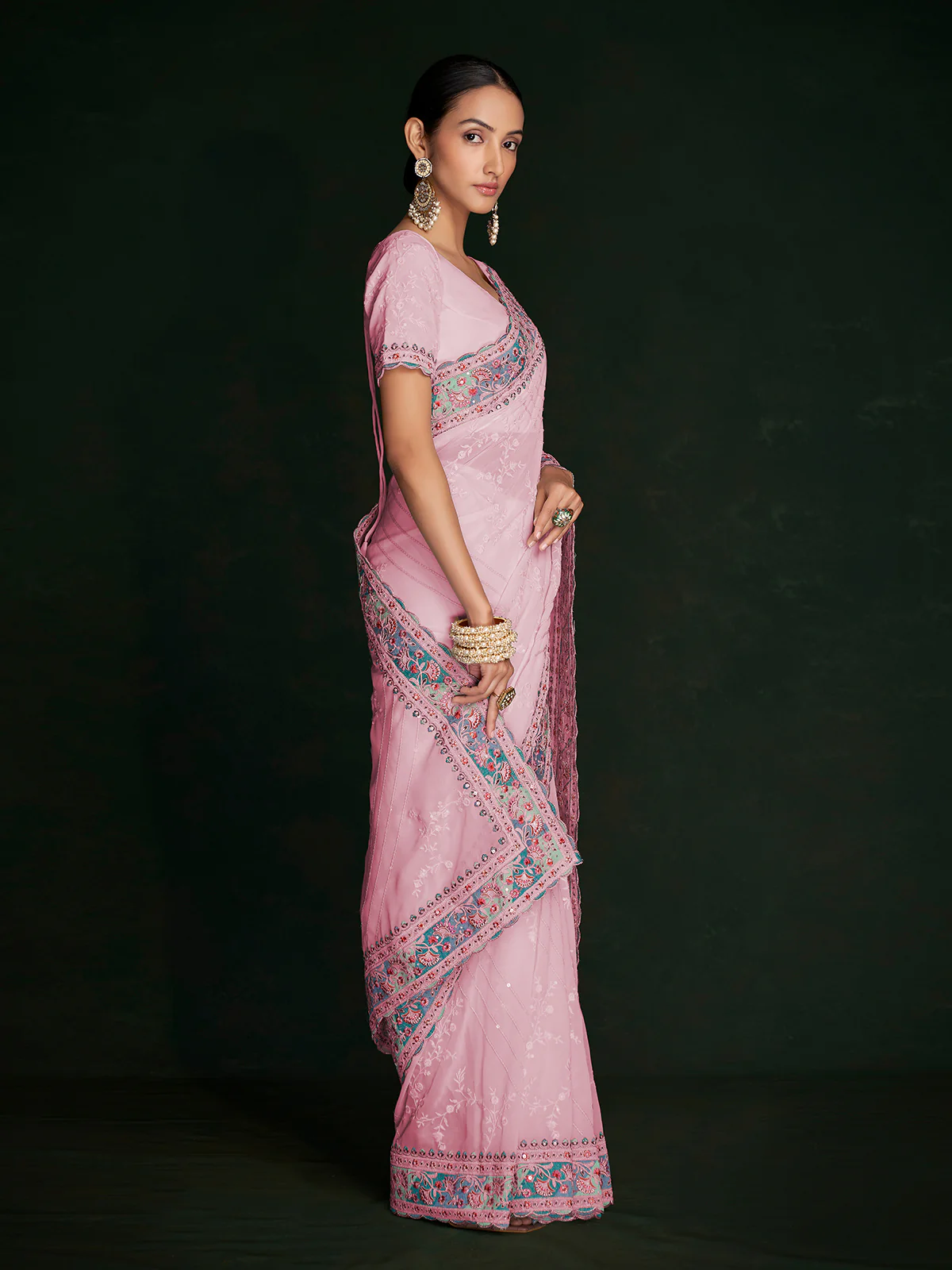 Odette Women Stylish Pink Georgette Embroidered Saree With Unstitched Blouse - Image 3