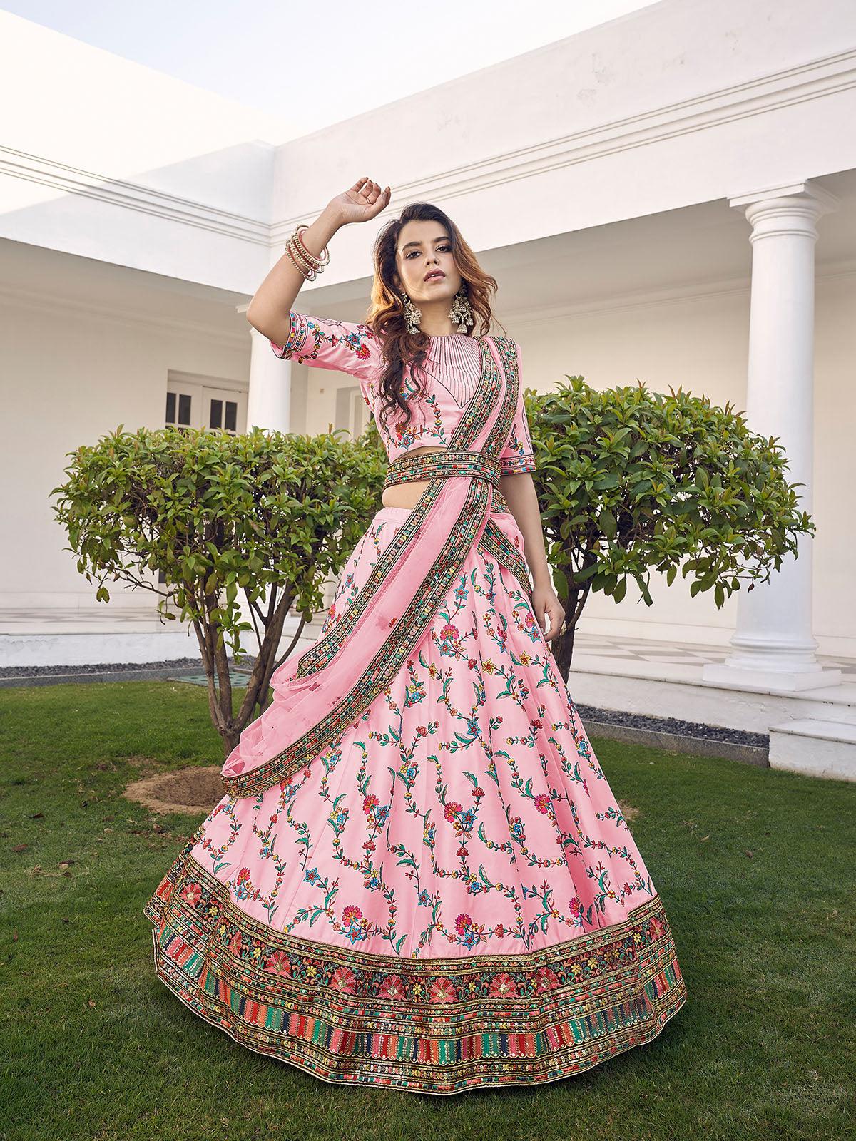 Odette Women Stylish Pink Silk Semi Stitched Lehenga With  Unstitched Blouse - Image 3