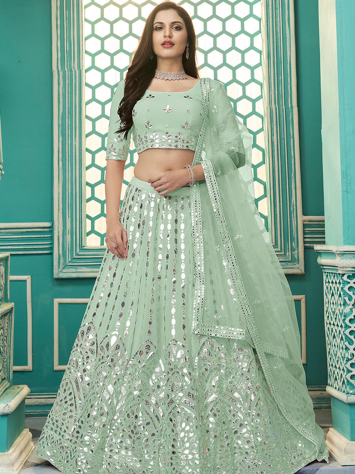 Odette Women Stylish Pista Green Georgette Semi Stitched Lehenga With  Unstitched Blouse - Image 4
