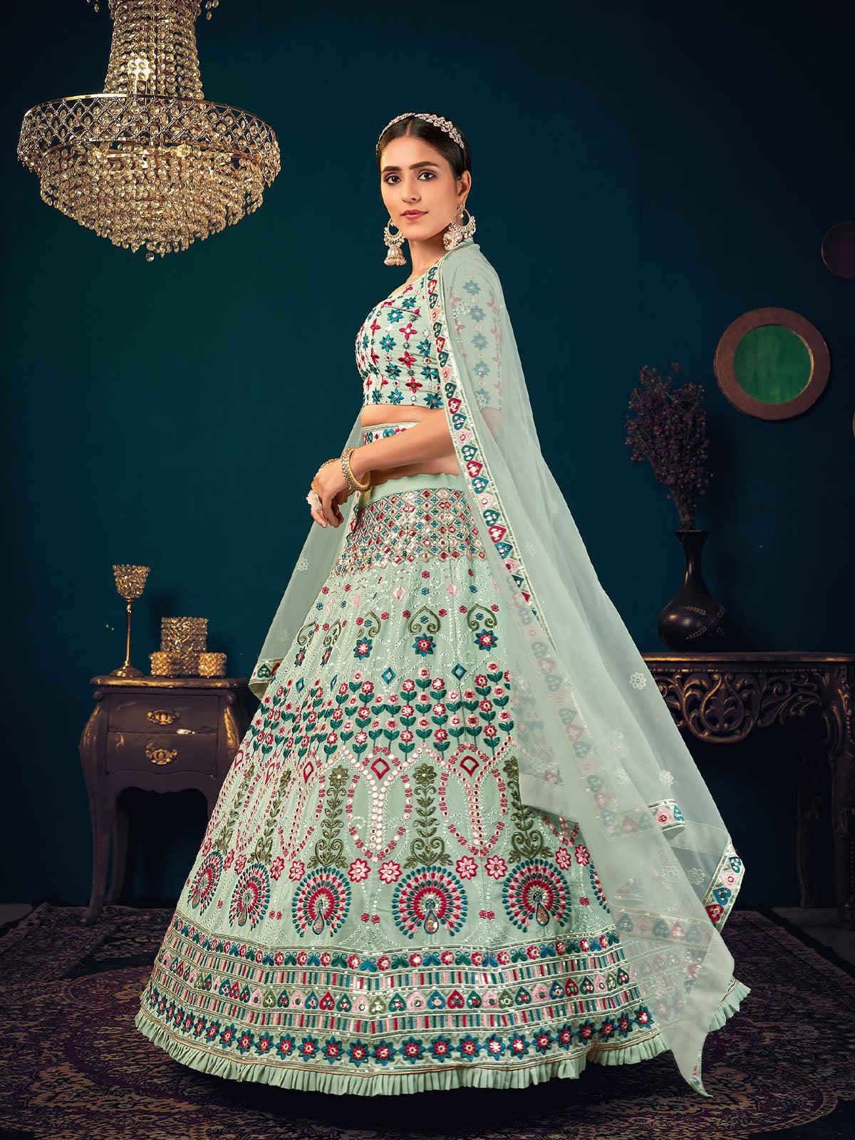 Odette Women Stylish Pista Green Georgette Semi Stitched Lehenga With  Unstitched Blouse - Image 5