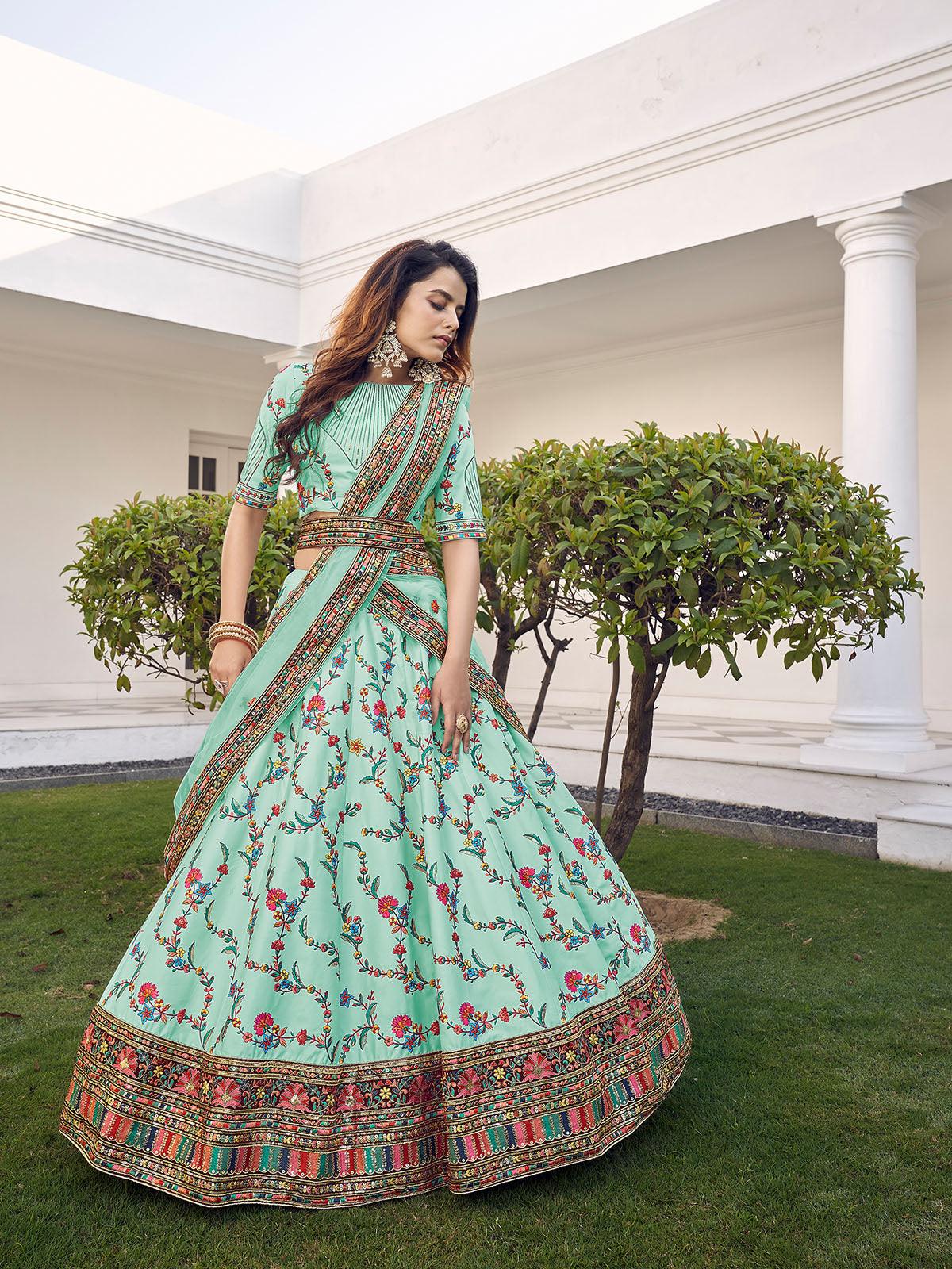 Odette Women Stylish Pista Green Silk Semi Stitched Lehenga With  Unstitched Blouse - Image 2