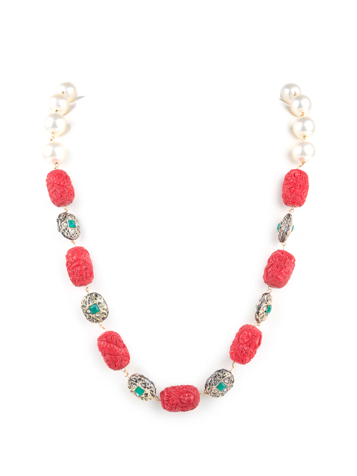 Odette Women Stylish Red And White Beads Western Necklace Set - Image 3