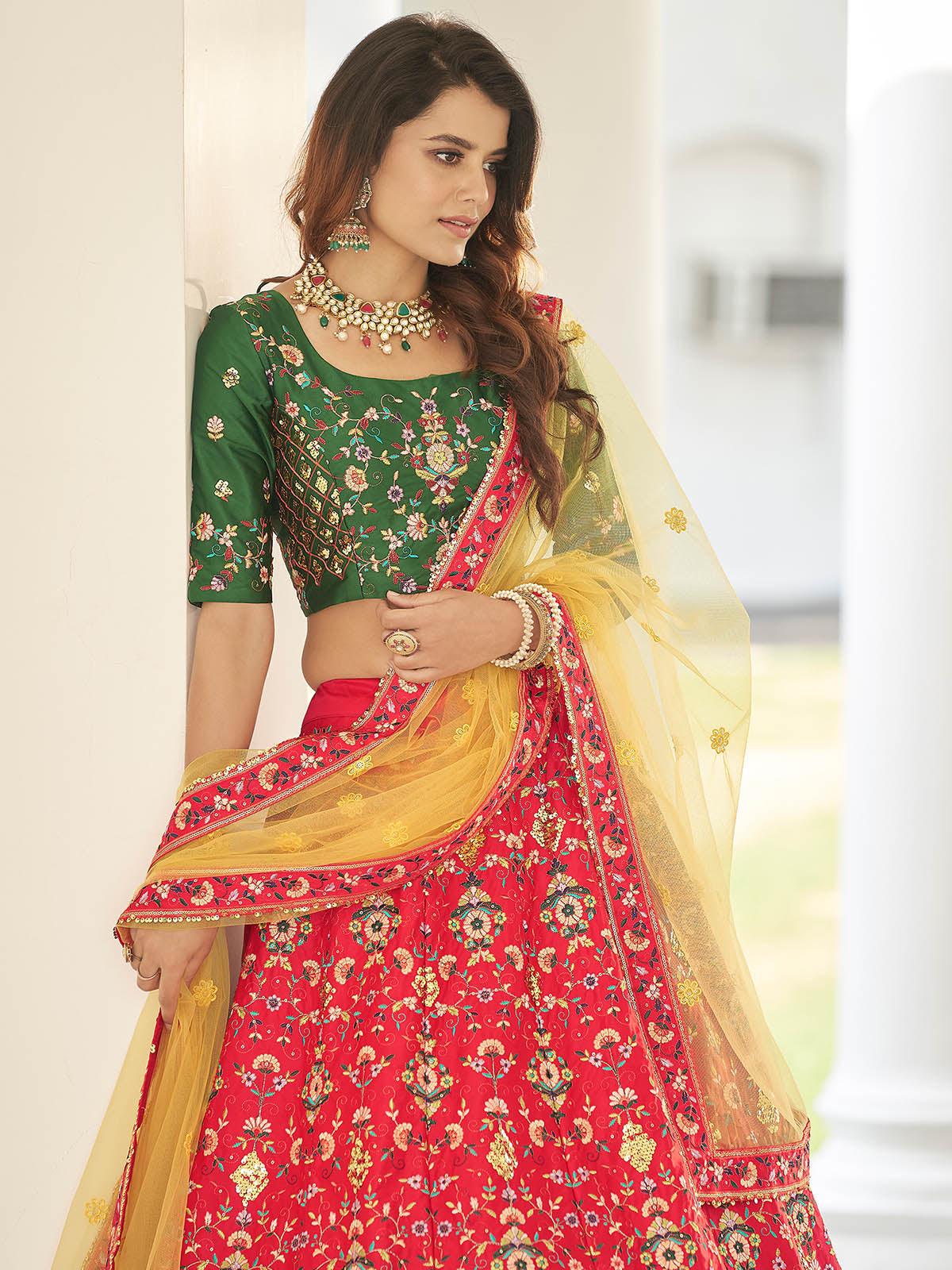 Odette Women Stylish Red Silk Semi Stitched Lehenga With  Unstitched Blouse - Image 2