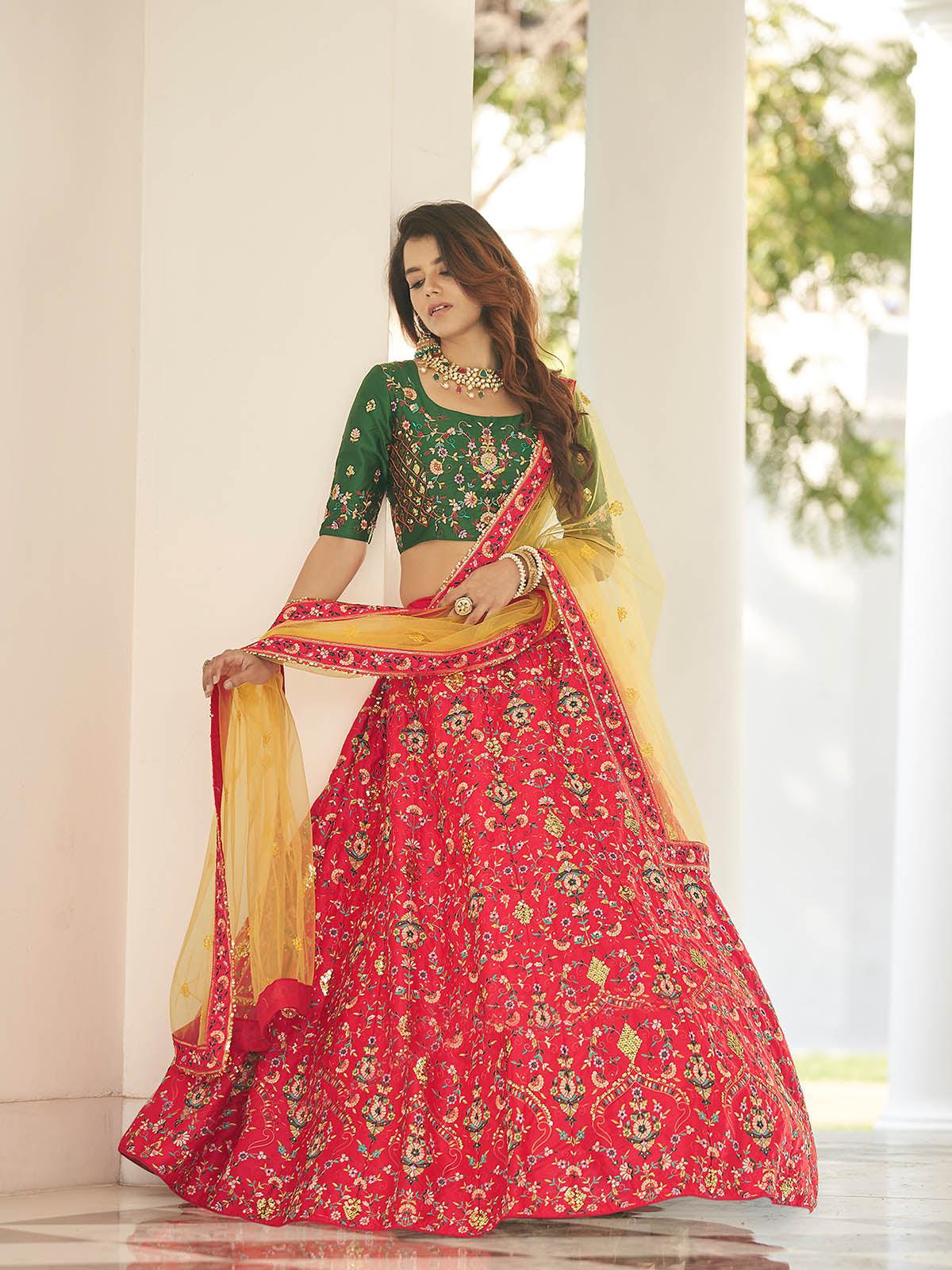 Odette Women Stylish Red Silk Semi Stitched Lehenga With  Unstitched Blouse - Image 3