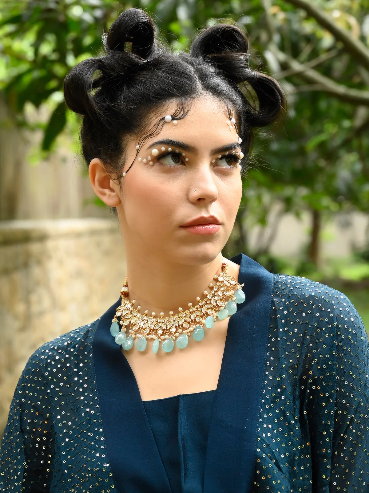 Odette Women Stylish Sea Green Kundan Choker Necklace Set - Image 2