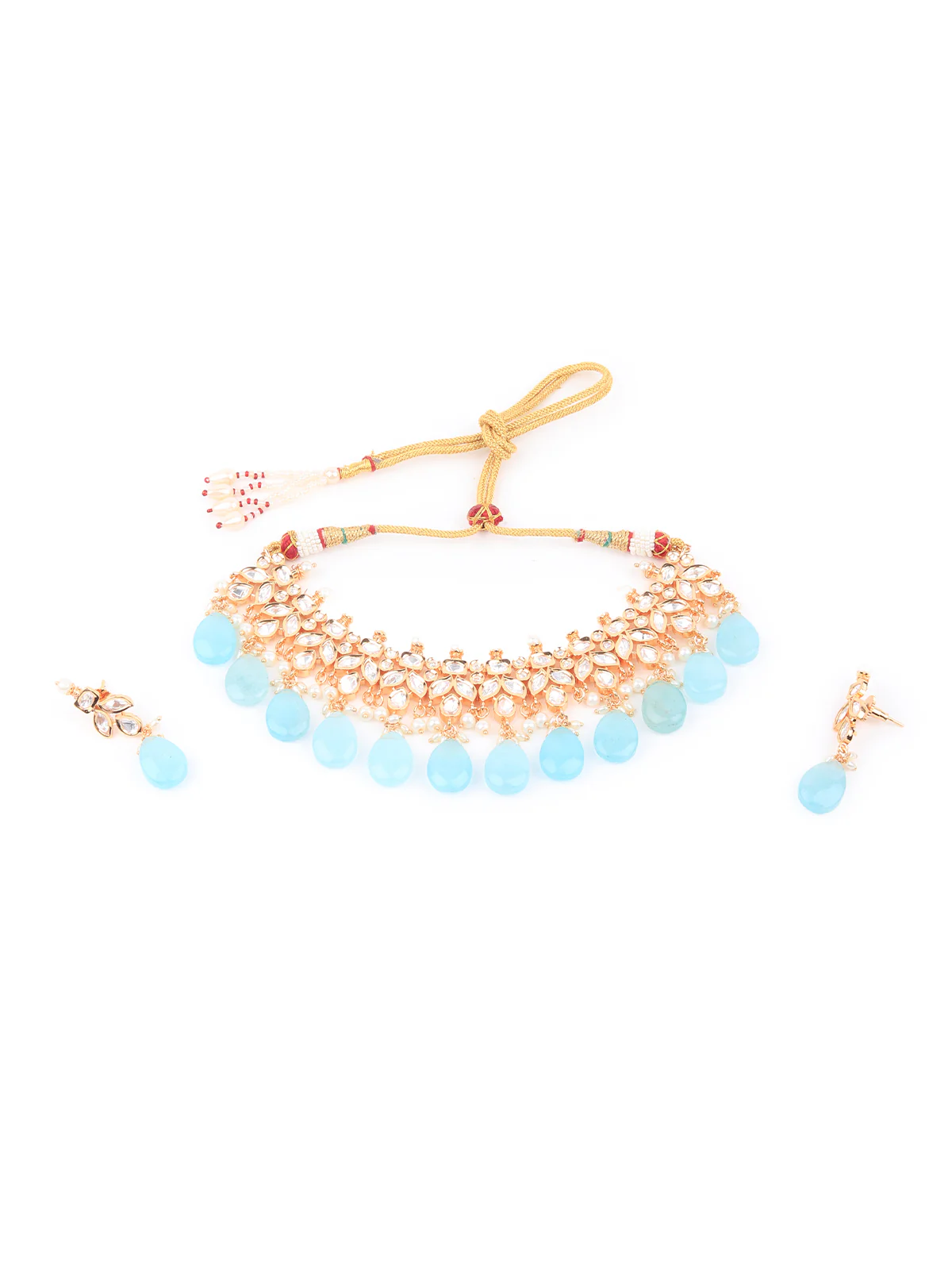 Odette Women Stylish Sea Green Kundan Choker Necklace Set - Image 3