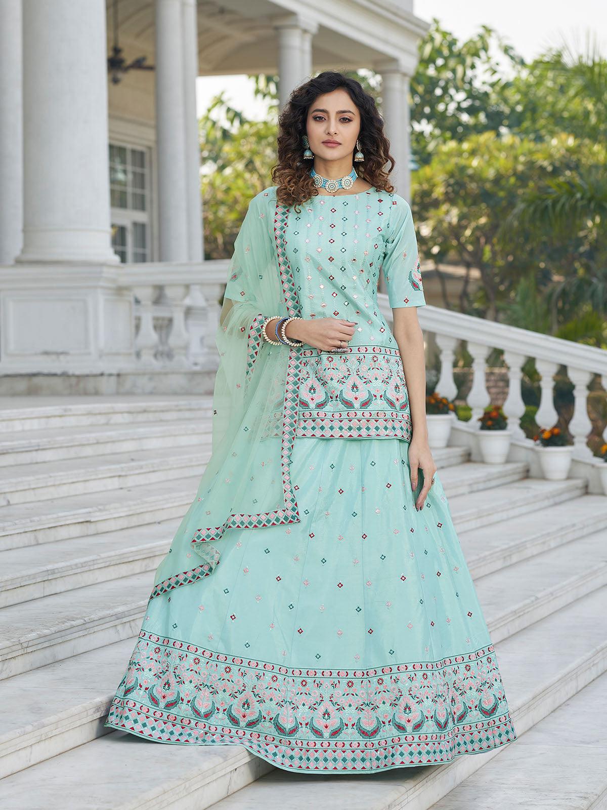 Odette Women Stylish Sky Blue Chinon Chiffon Semi Stitched Lehenga With Unstitched Blouse
