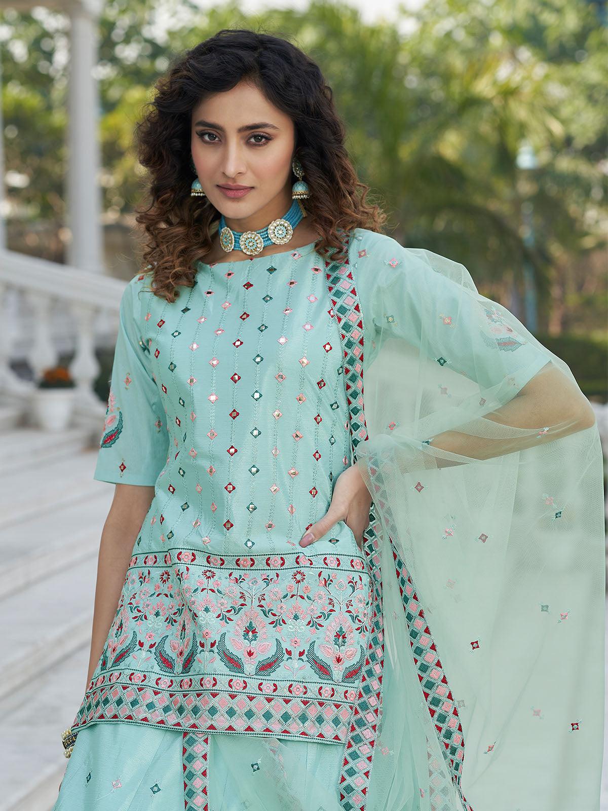 Odette Women Stylish Sky Blue Chinon Chiffon Semi Stitched Lehenga With Unstitched Blouse - Image 2