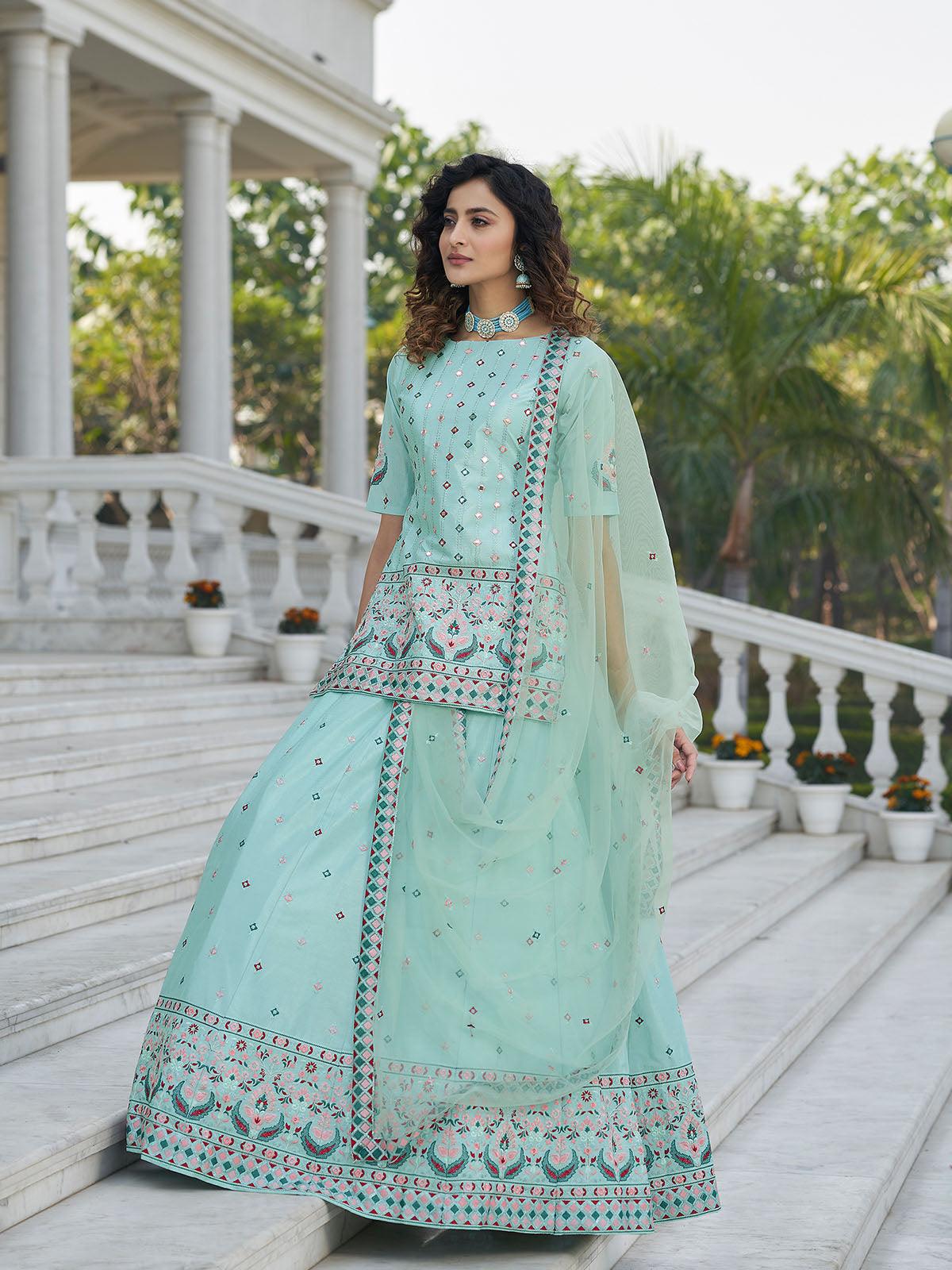 Odette Women Stylish Sky Blue Chinon Chiffon Semi Stitched Lehenga With Unstitched Blouse - Image 3