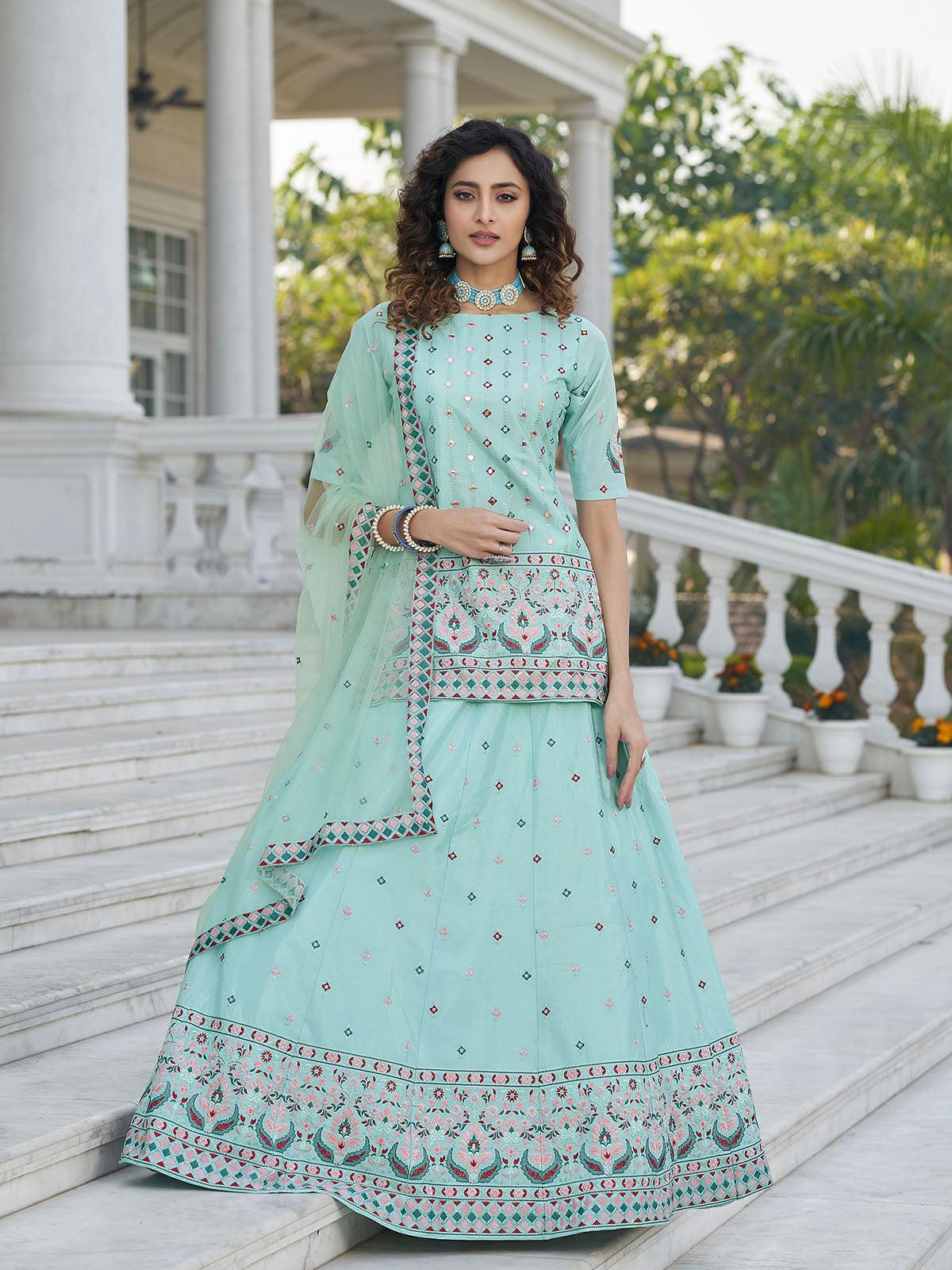 Odette Women Stylish Sky Blue Chinon Chiffon Semi Stitched Lehenga With Unstitched Blouse - Image 4