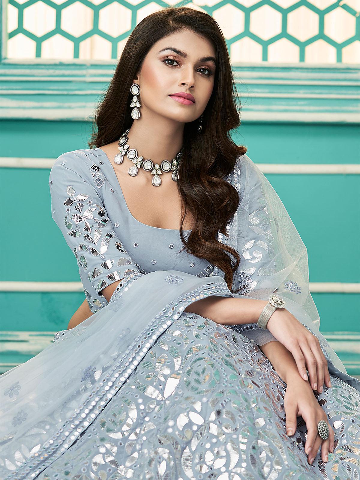 Odette Women Stylish Sky Blue Georgette Semi Stitched Lehenga With  Unstitched Blouse - Image 4