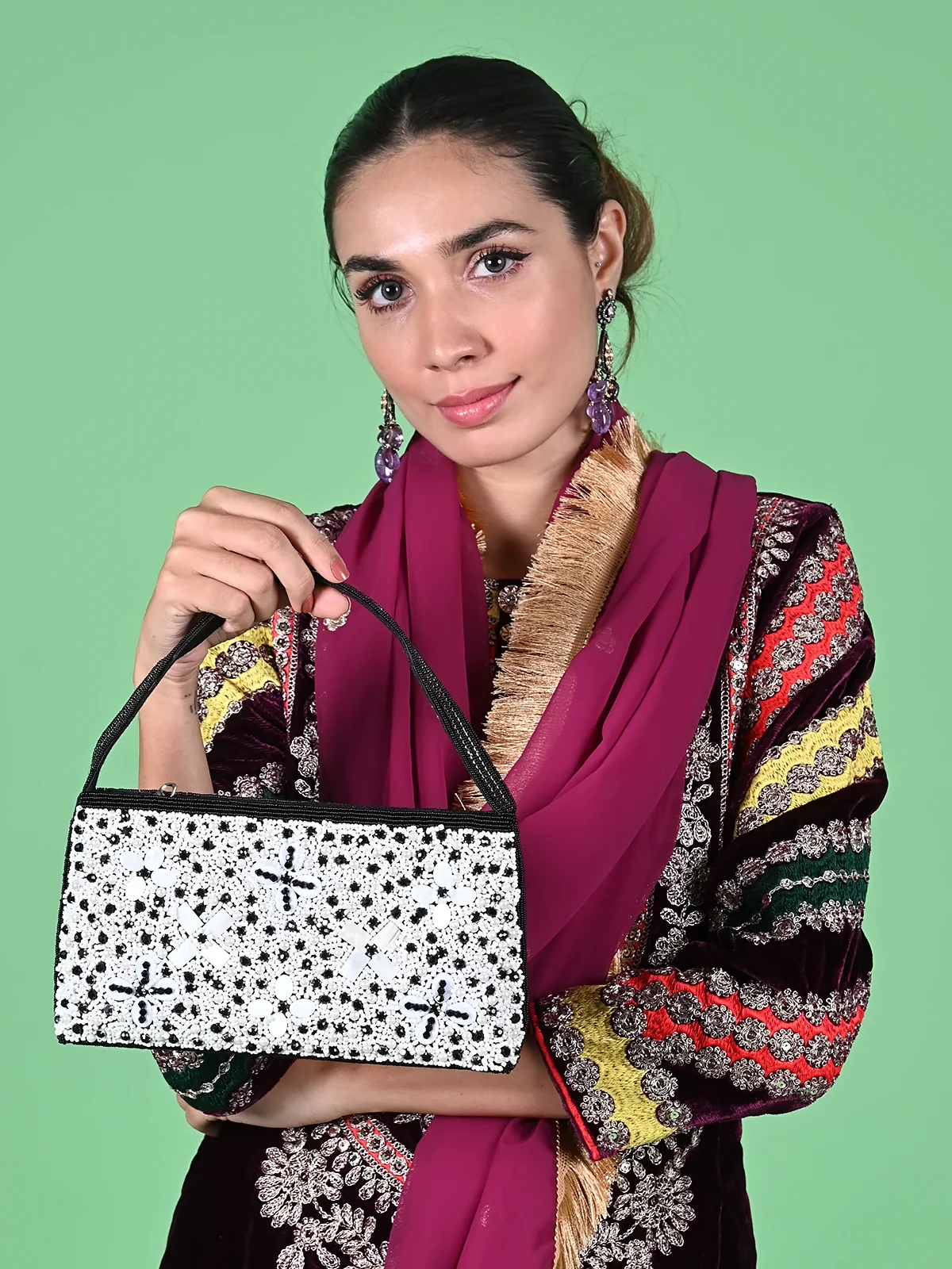 Odette White And Black Fabric Beaded Clutch For Women - Image 2