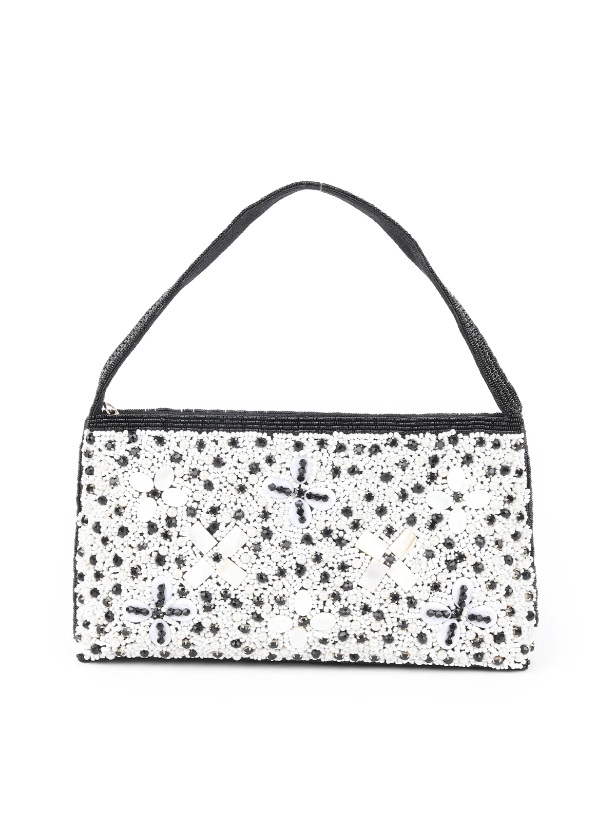Odette White And Black Fabric Beaded Clutch For Women - Image 3