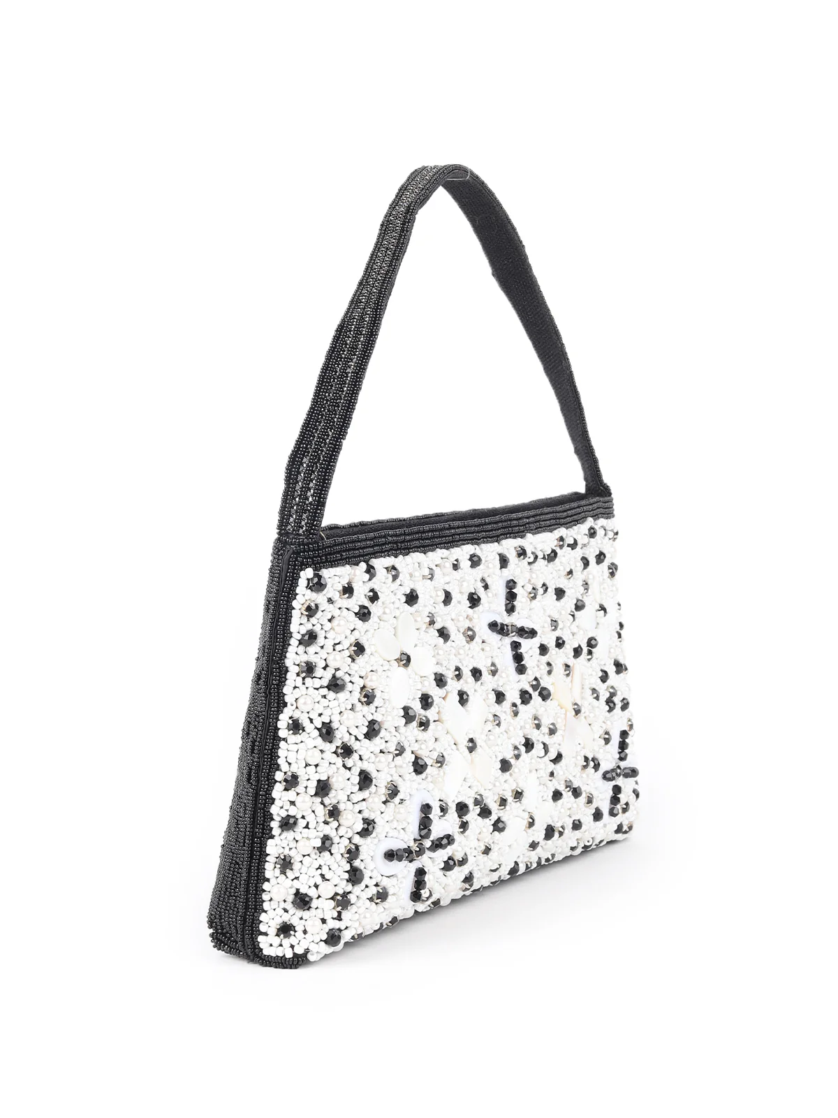 Odette White And Black Fabric Beaded Clutch For Women - Image 4