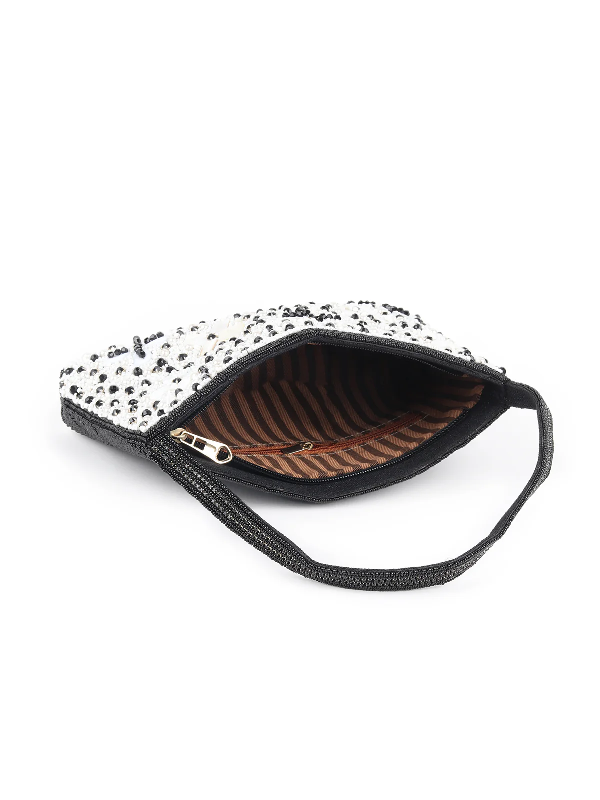 Odette White And Black Fabric Beaded Clutch For Women - Image 6
