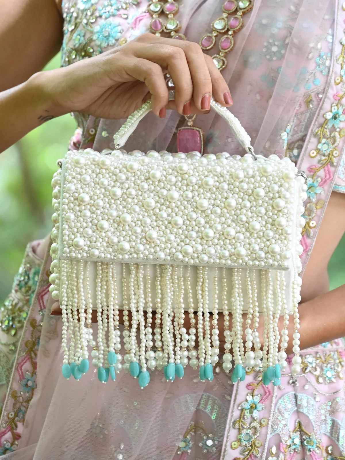 Odette  White And Blue Fabric Pearls Bridal Clutch For Women - Image 2