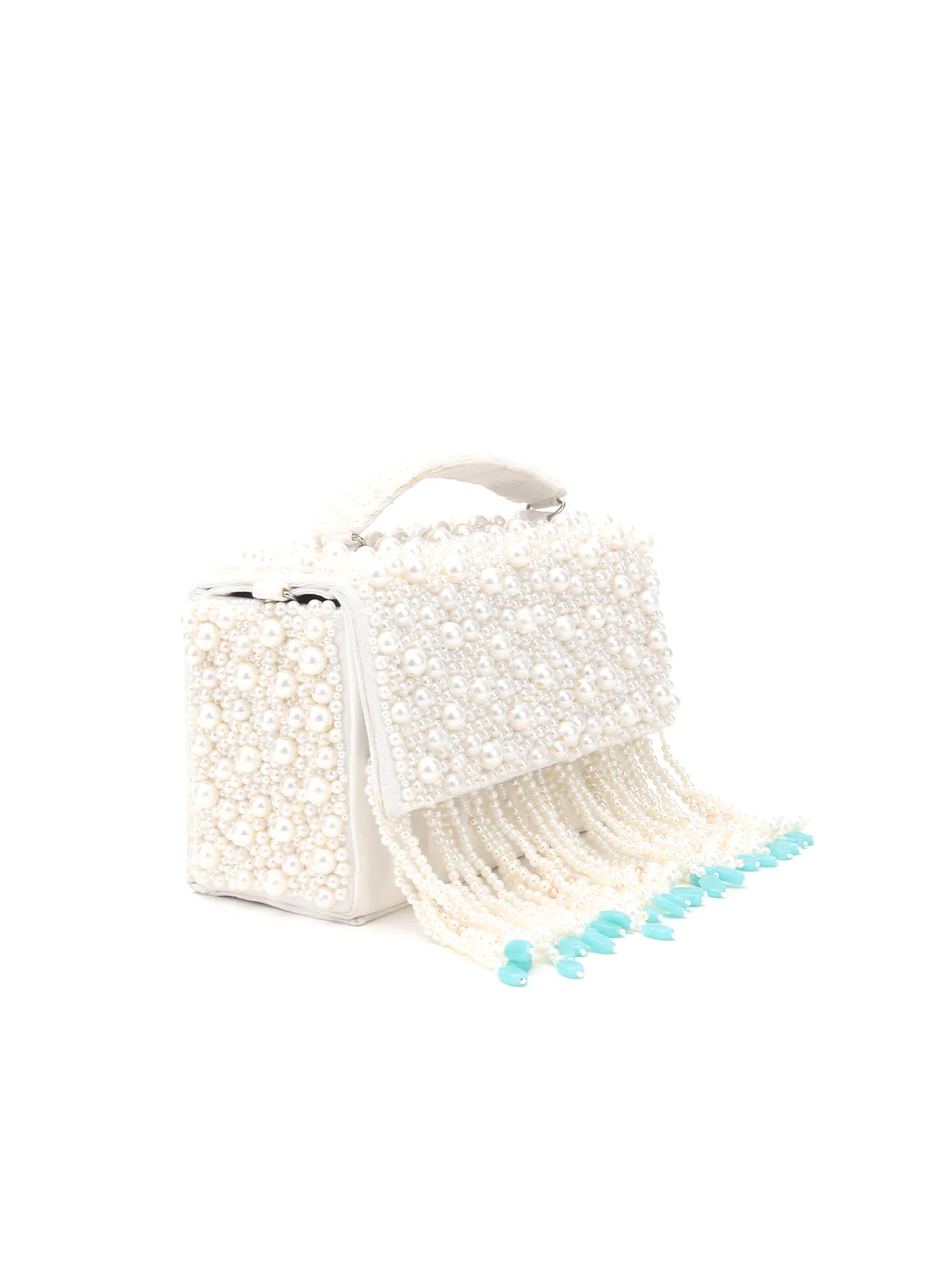 Odette  White And Blue Fabric Pearls Bridal Clutch For Women - Image 4
