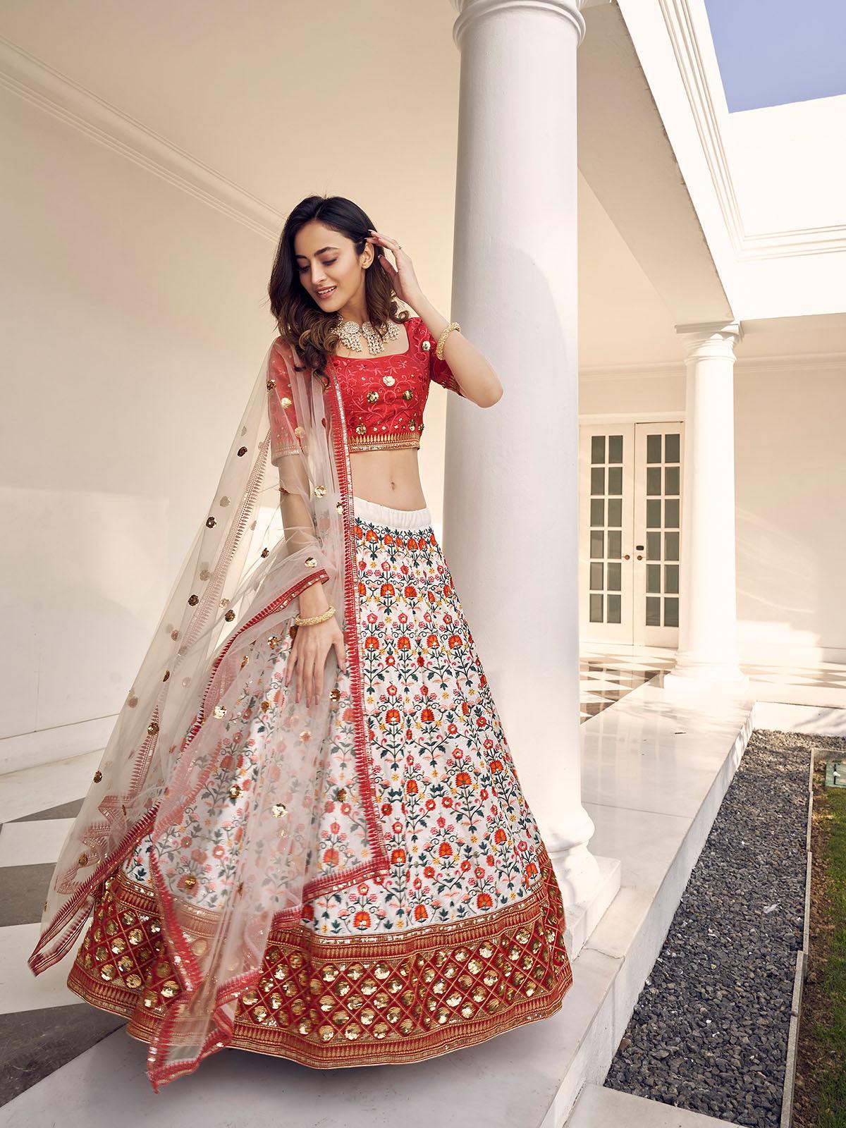 Odette Women Stylish White And Red Art Silk Semi Stitched Lehenga With  Unstitched Blouse - Image 3