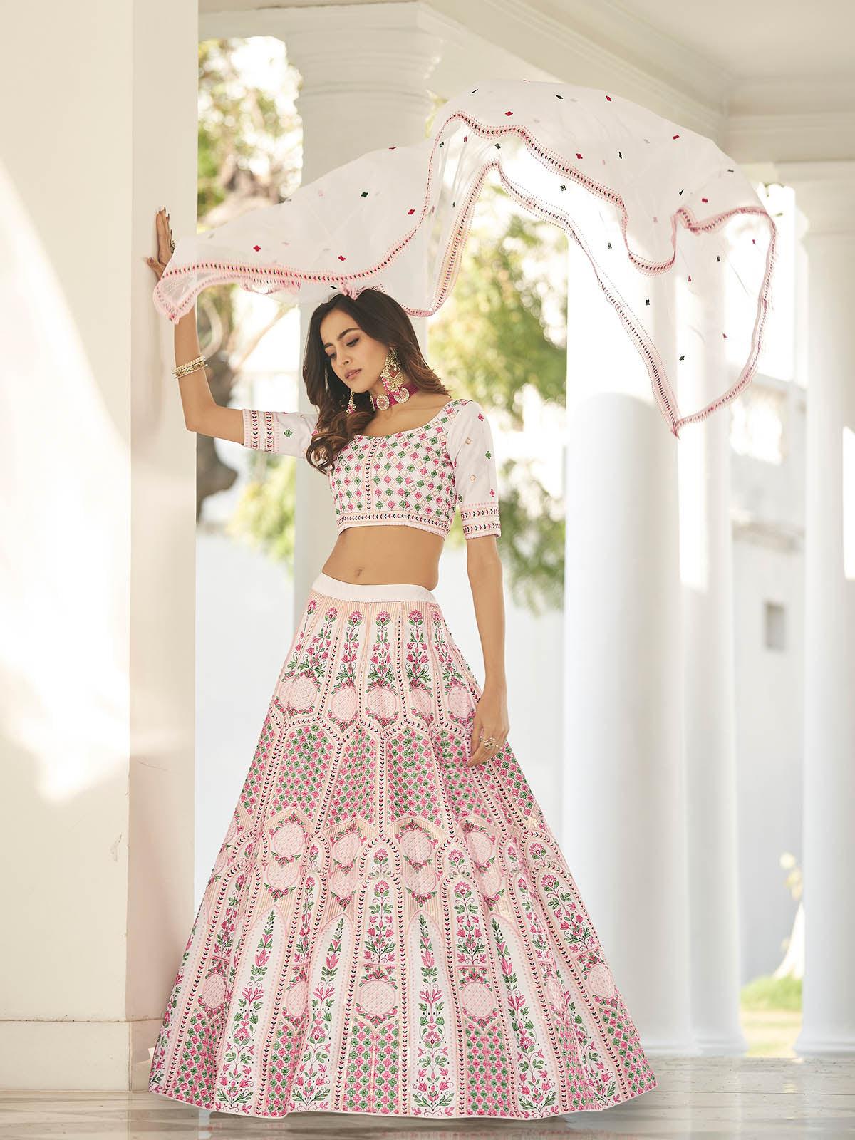 Odette Women Stylish White Silk Semi Stitched Lehenga With  Unstitched Blouse - Image 3
