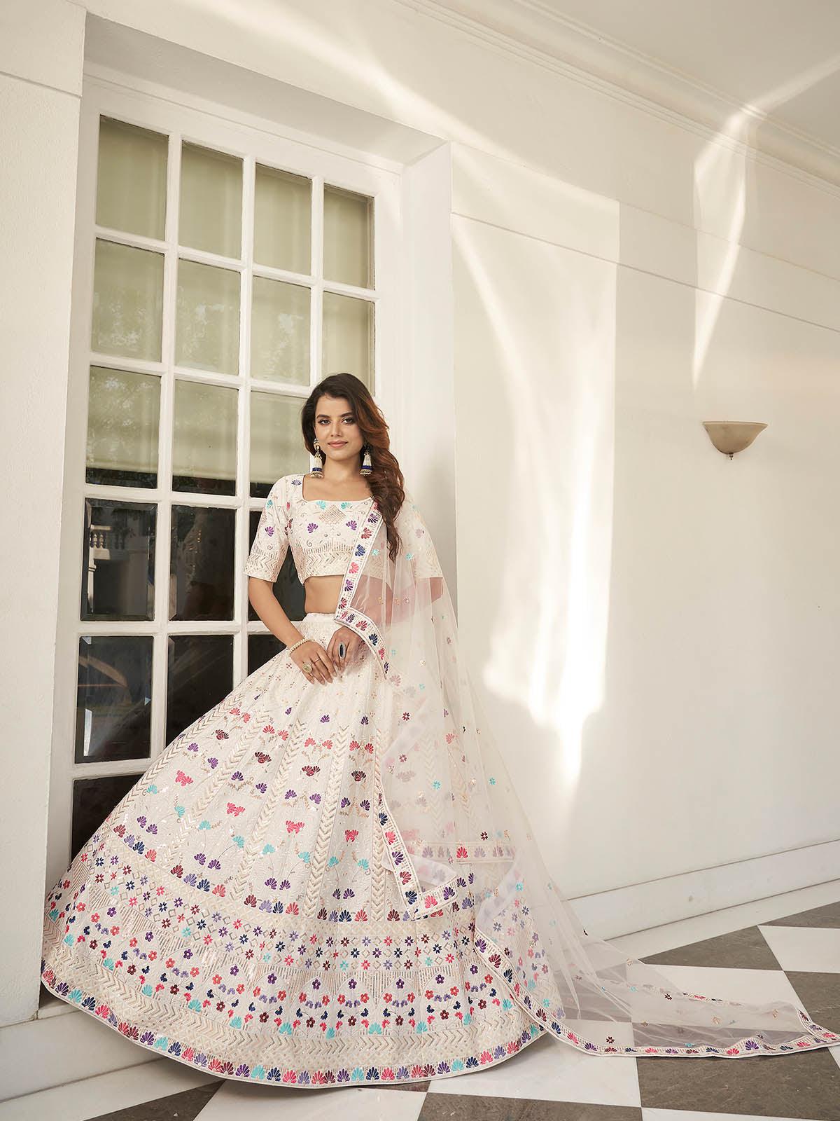 Odette Women Stylish White Silk Semi Stitched Lehenga With  Unstitched Blouse - Image 2