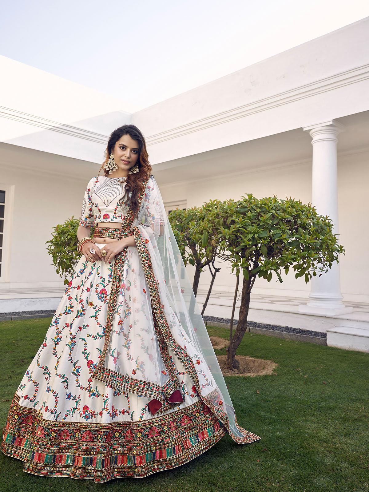 Odette Women Stylish White Silk Semi Stitched Lehenga With  Unstitched Blouse - Image 3