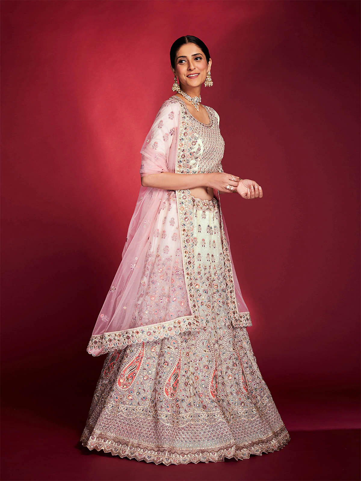 Odette Women Stylish White Soft Silk Embroidered Semi Stitched Lehenga Choli - Image 4