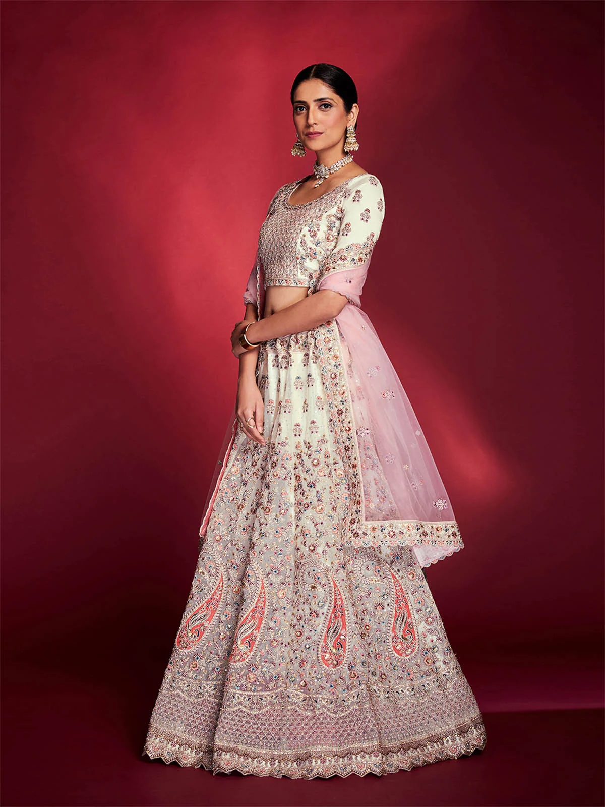 Odette Women Stylish White Soft Silk Embroidered Semi Stitched Lehenga Choli - Image 5